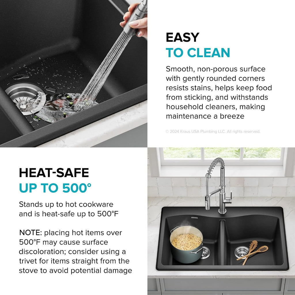 KRAUS Forteza 33-inch Drop in/Undermount 50/50 Double Bowl Granite Kitchen Sink in Black, KGD-52BLACK
