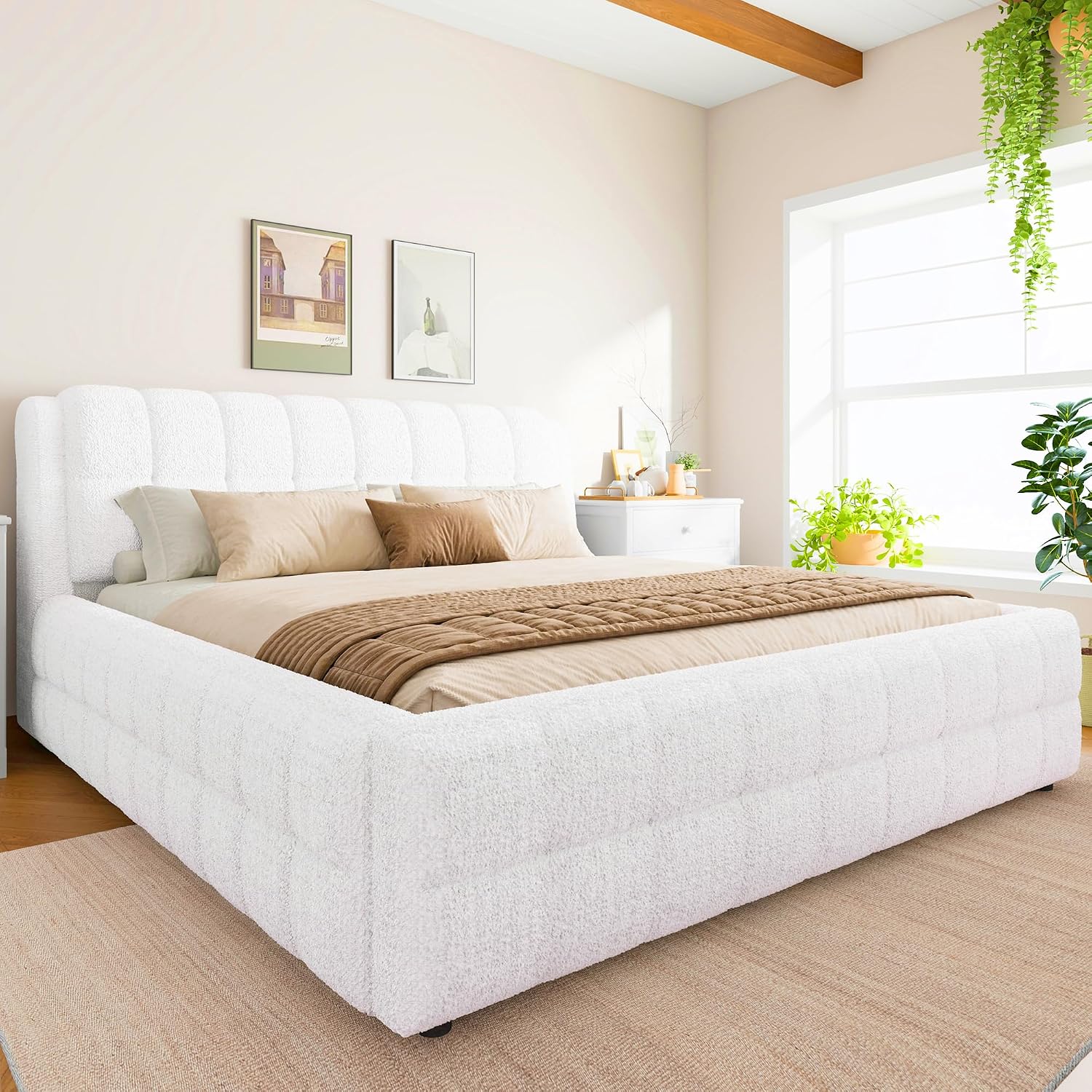 King Size Upholstered Platform Bed, Berber Fleece Bed Frame with Foam Headboard, Wood Slat Support for King Mattress, Modern Boucle Platform Bed for Master Bedroom, No Box Spring Needed, White