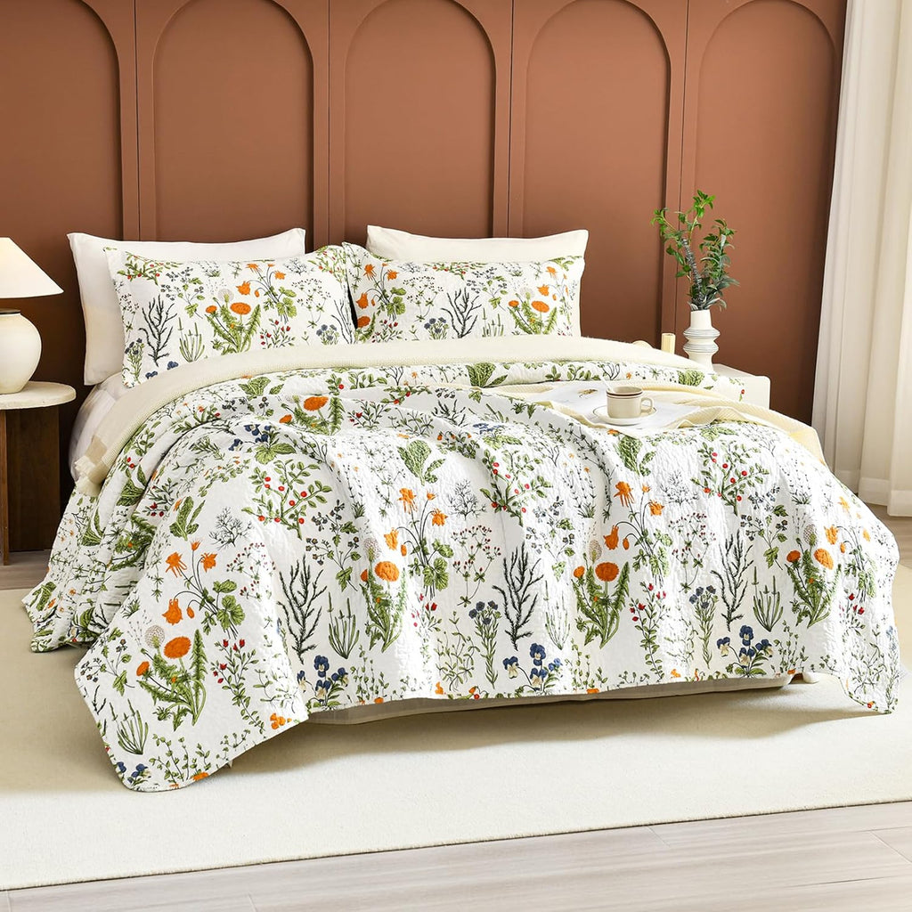 Sanracie California King Quilt Bedding Set(118'x106'), 100% Cotton Soft Breathable Green Floral Bedspread Sets 3Pcs Yellow Flowers Plant Pattern Botanical Printed Quilted Set for All Season