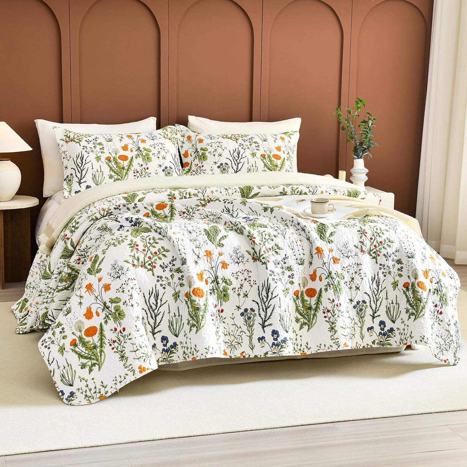 Sanracie California King Quilt Bedding Set(118'x106'), 100% Cotton Soft Breathable Green Floral Bedspread Sets 3Pcs Yellow Flowers Plant Pattern Botanical Printed Quilted Set for All Season