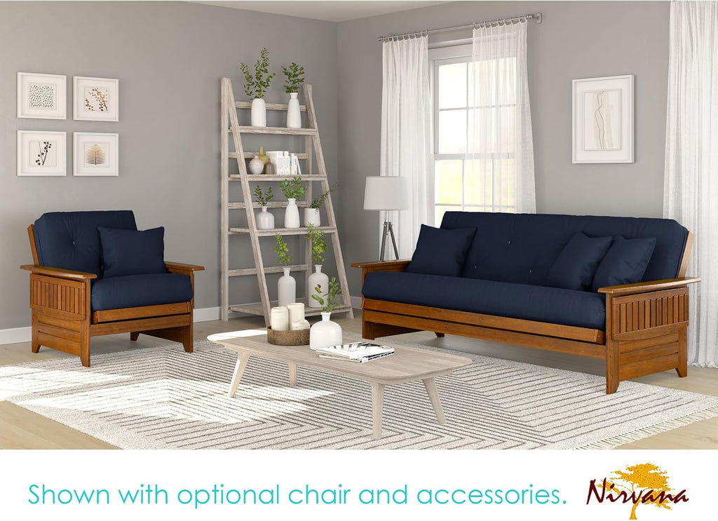 Nirvana Futons Brentwood Tray Arm Futon Frame, Drawers, and Navy Blue Mattress Set - Queen, Rich Heritage Finish