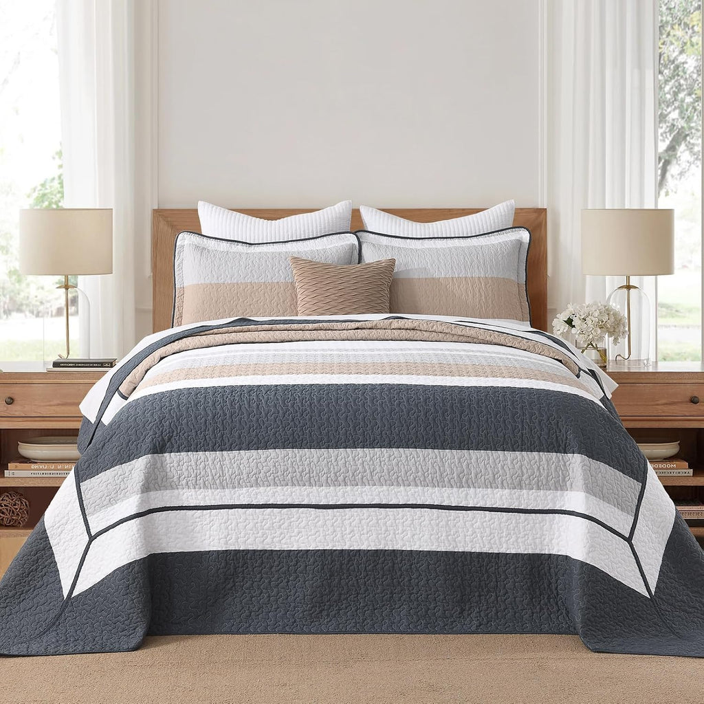 DDUOXIN Oversized King Bedspread 128'W x120'L - 100% Cotton California Quilt with 2 Pillow Shams, Simple Striped Design Lightweight Durable Bedding, Perfect for Modern Bedrooms, Brown/Blue/Gray/White