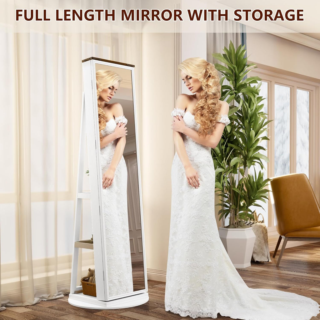 LVSOMT LED Mirror Jewelry Cabinet Standing, 360° Swivel Jewelry Organizers and Storage, Farmhouse Mirror with Jewelry Storage, Lighted Jewelry Armoire with Full Length Mirror (White Wood)