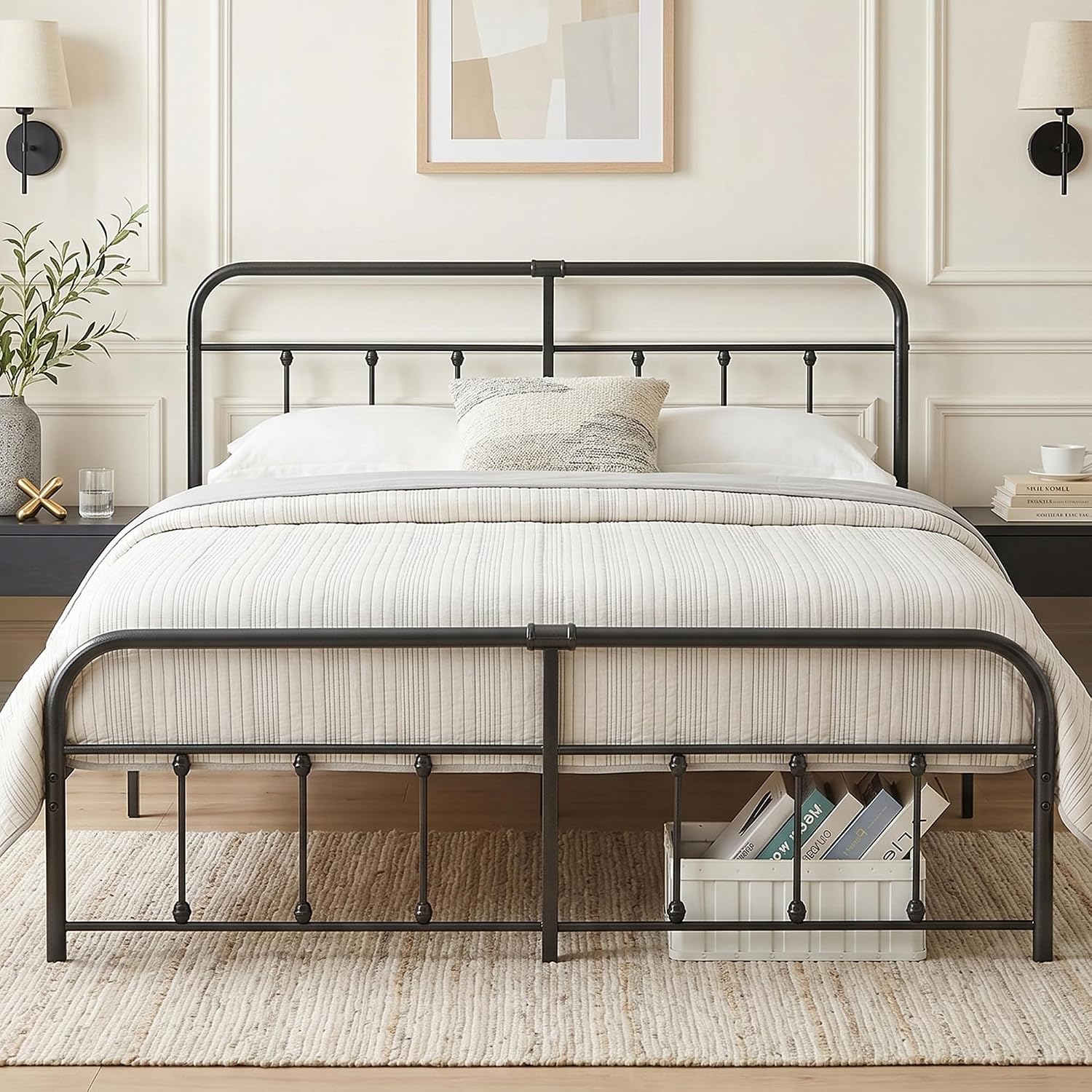 VECELO King Size Victorian Style Metal Bed Frame with Headboard Classic Metal Platform Bed Frame Mattress Foundation with Victorian Style Footboard/Under Bed Storage/No Box Spring Black