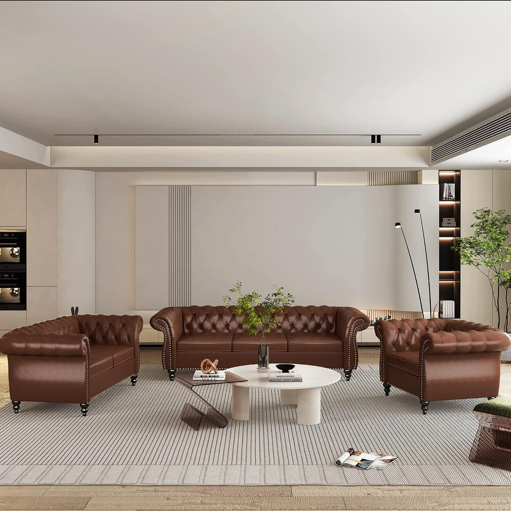 QHITTY Accent Large Sofa, Chesterfield Couch 3 Seater Modern Leather Couch Upholstered Sofa with Tufted Back for Living Room Furniture (Dark Brown)