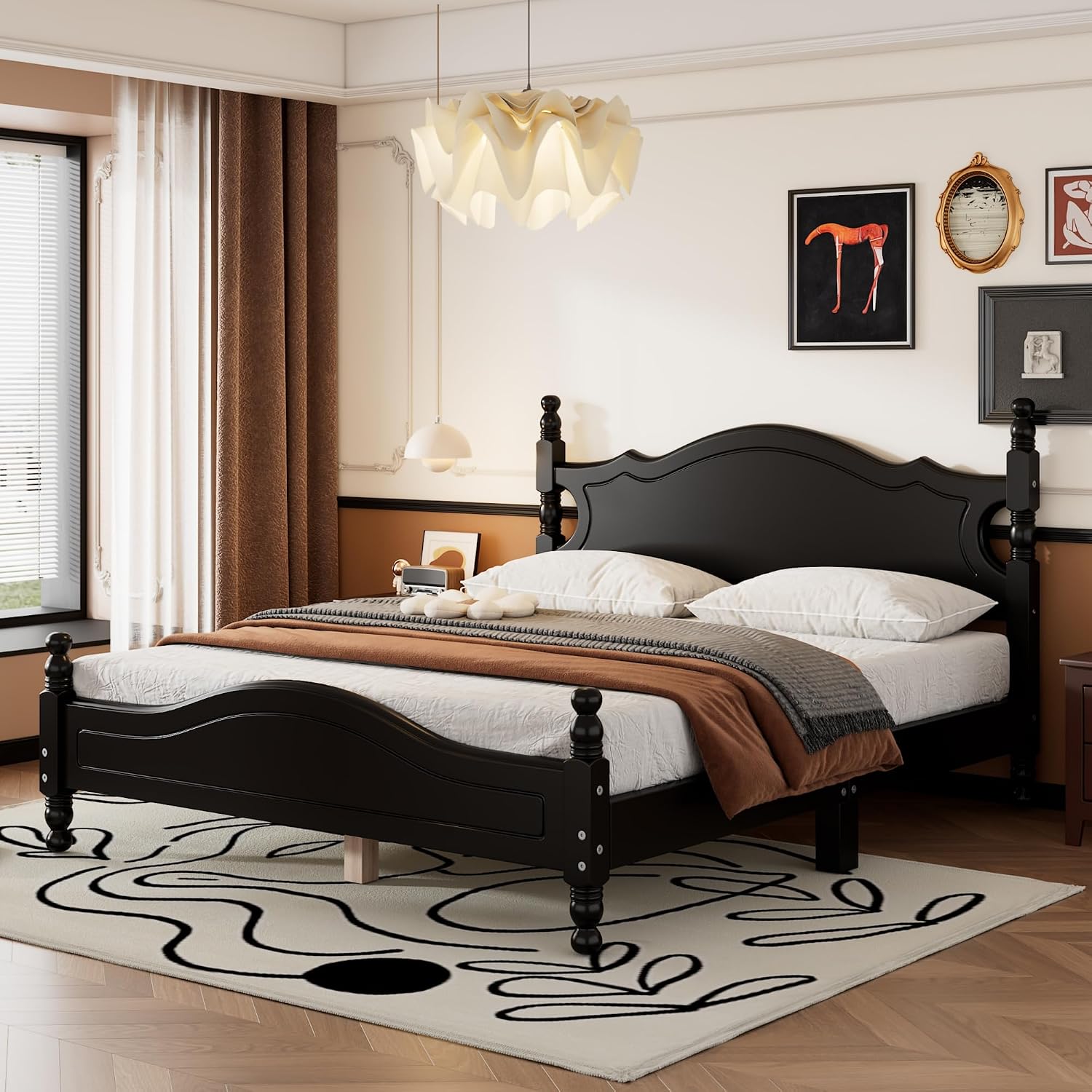 Solid Wood Bed Frame Queen Size, Wooden Retro Style Platform Bed Frame with Headboard and Footboard, Heavy Duty Bed Frame with 10 Wood Slats Support,No Box Spring Needed,Noiseless (Black, Queen)