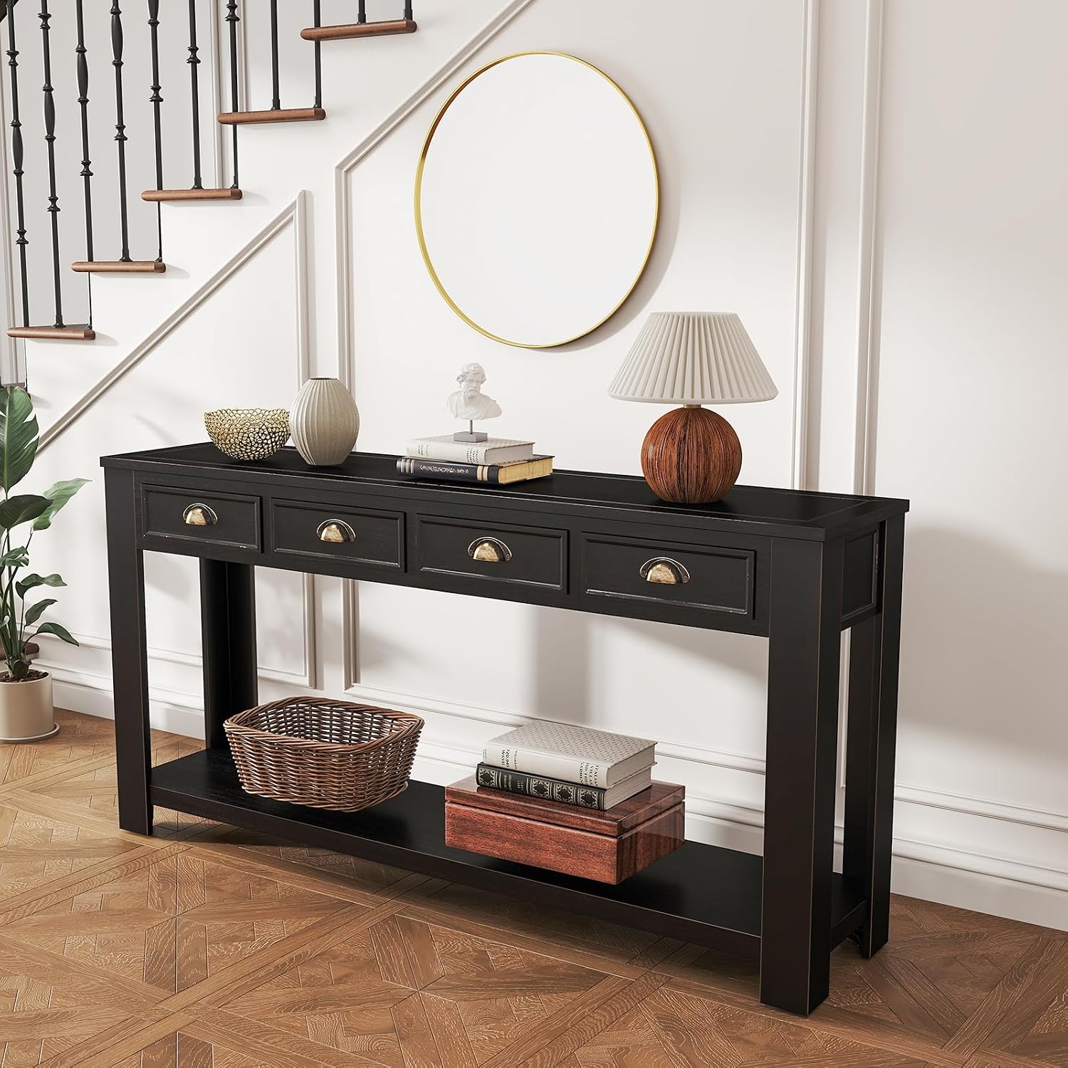kinbor Long Sofa Table - Black 60 Inch Console Tables for Living Room, Hallway Table with 4 Drawers, Modern Wood Entryway Table with Storge Shelf