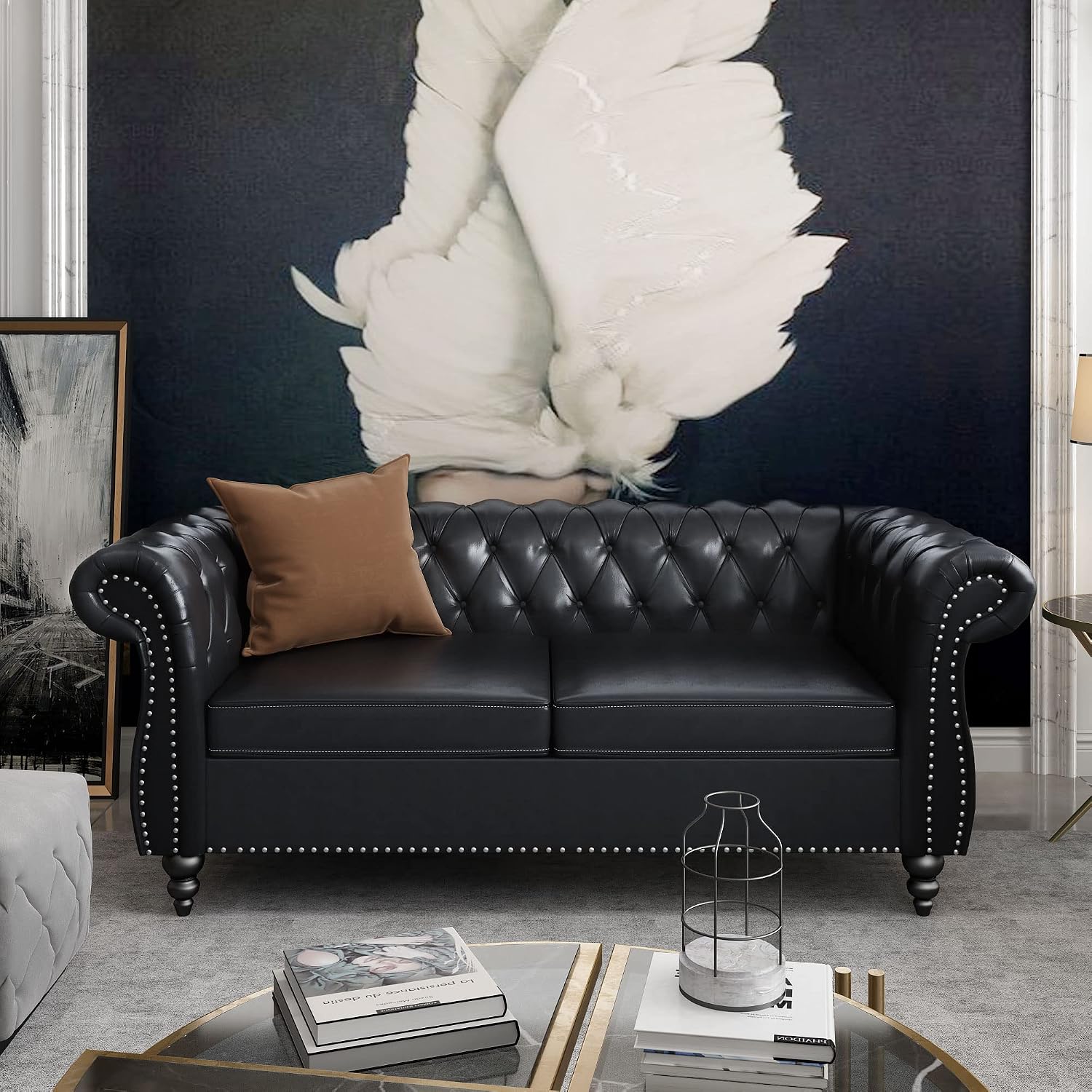 QHITTY Accent Sofa, Chesterfield Loveseat Modern Leather Couch Upholstered Sofa with Tufted Back for Living Room Furniture (Black)