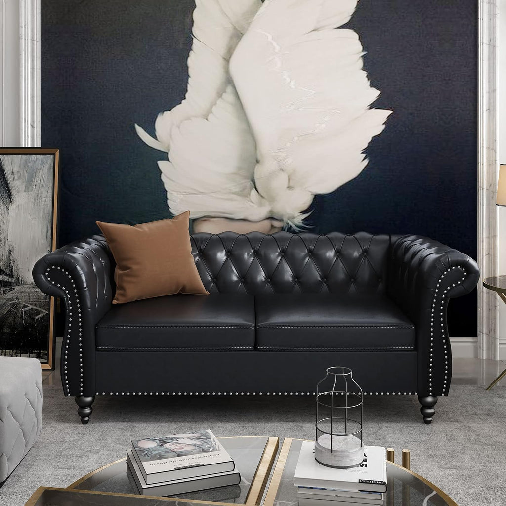QHITTY 3 Piece Living Room Set, Sectional Chesterfield Sofa Chair Contemporary Upholstered Artificial Leather Loveseat Couch Sets for Living Room, Bedroom, Office (Black)