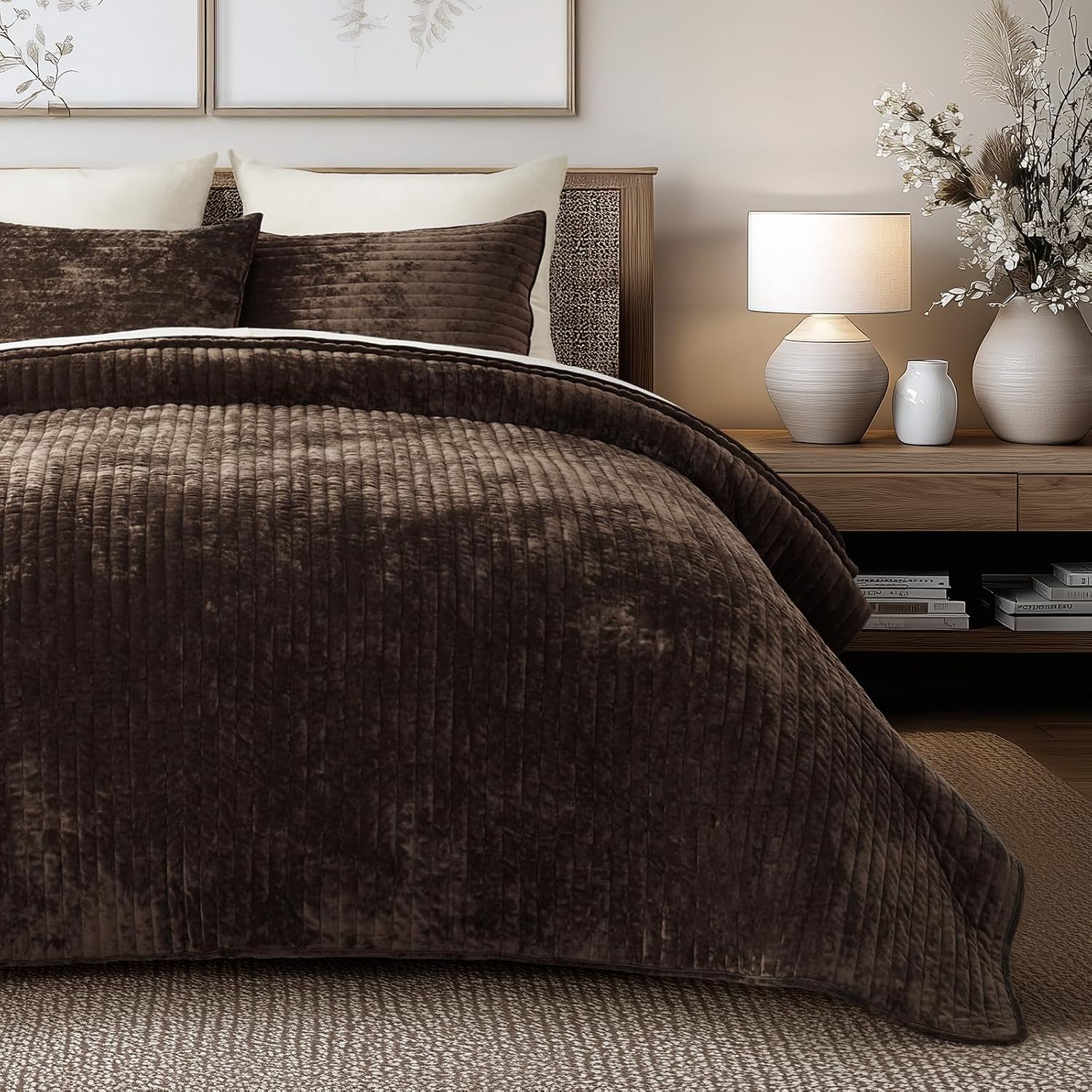 EVERGRACE Velvet Quilt Set California King 118'' x 106'', Luxurious Soft Striped Channel Bedding Set, Lightweight Velvet Comforter for All Season, Oversized Bedspread Coverlet w/ 2 Shams, Walnut Brown