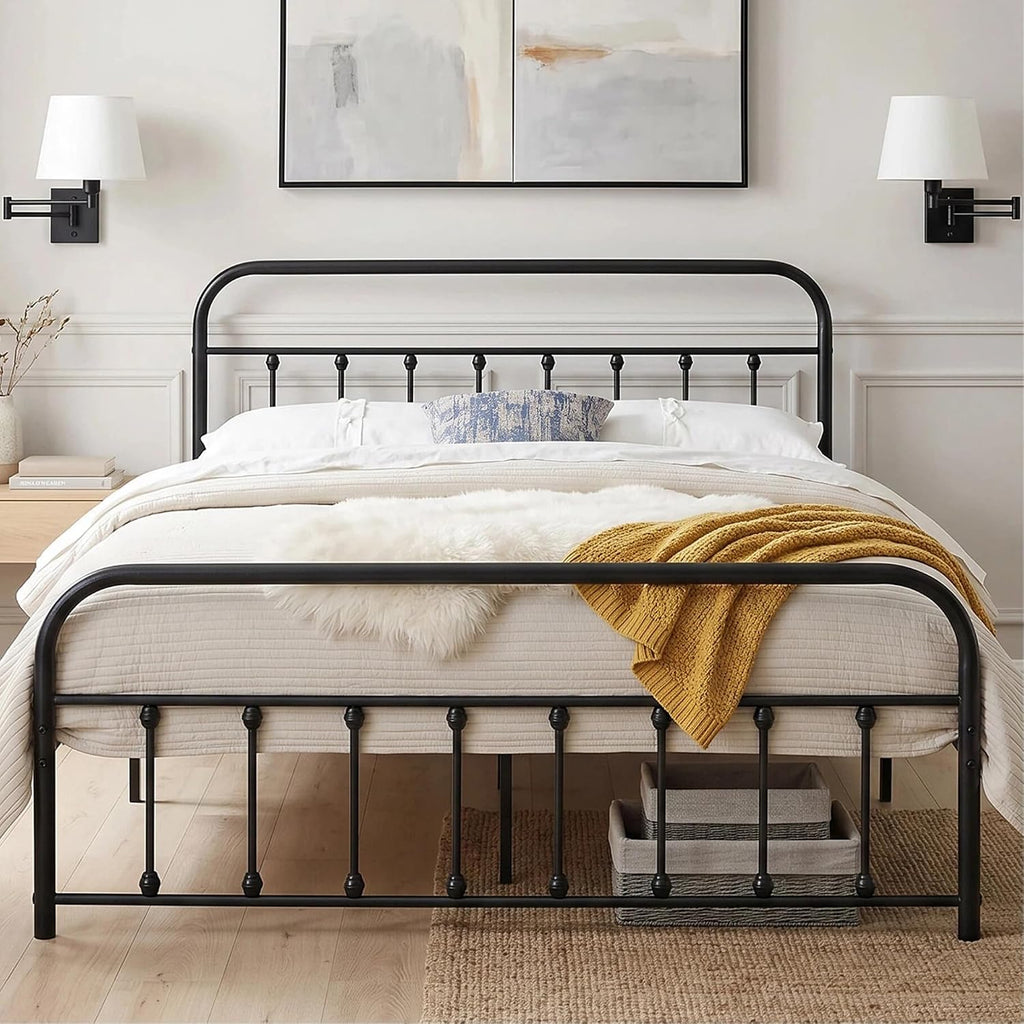 VECELO Full Size Victorian Style Metal Bed Frame with Headboard Classic Metal Platform Bed Frame Mattress Foundation with Footboard/Under Bed Storage/No Box Spring Black