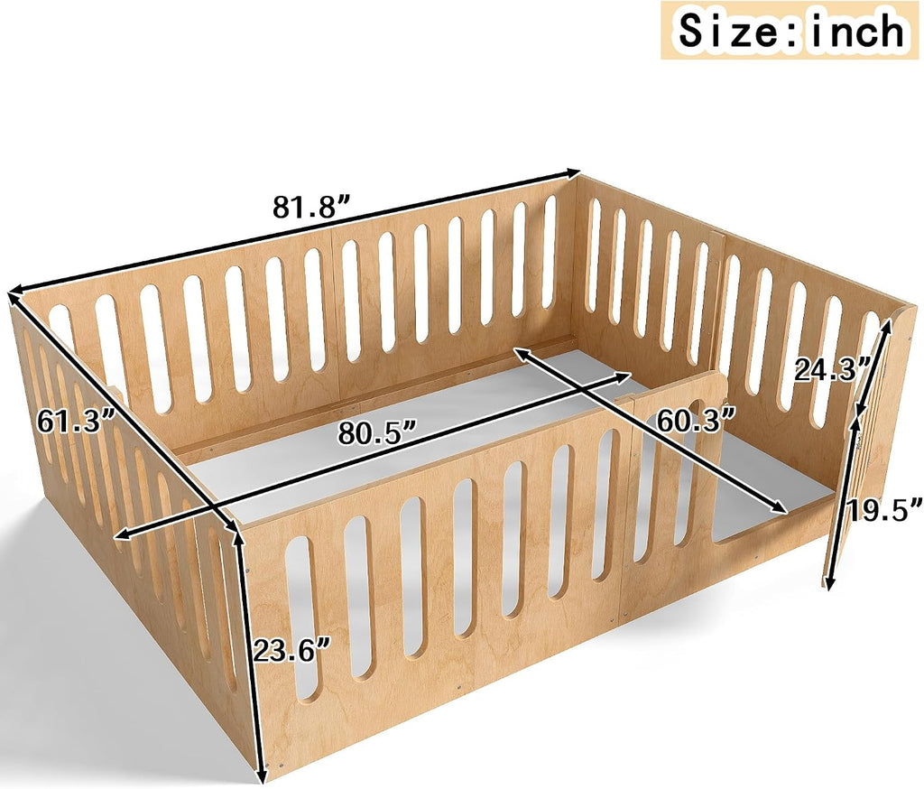 Bellemave Queen Size Kids Montessori Floor Bed,Queen Size Floor Bed Frame with High Fence and Door,Solid Wood Montessori Bed for Girls Boys,Natural