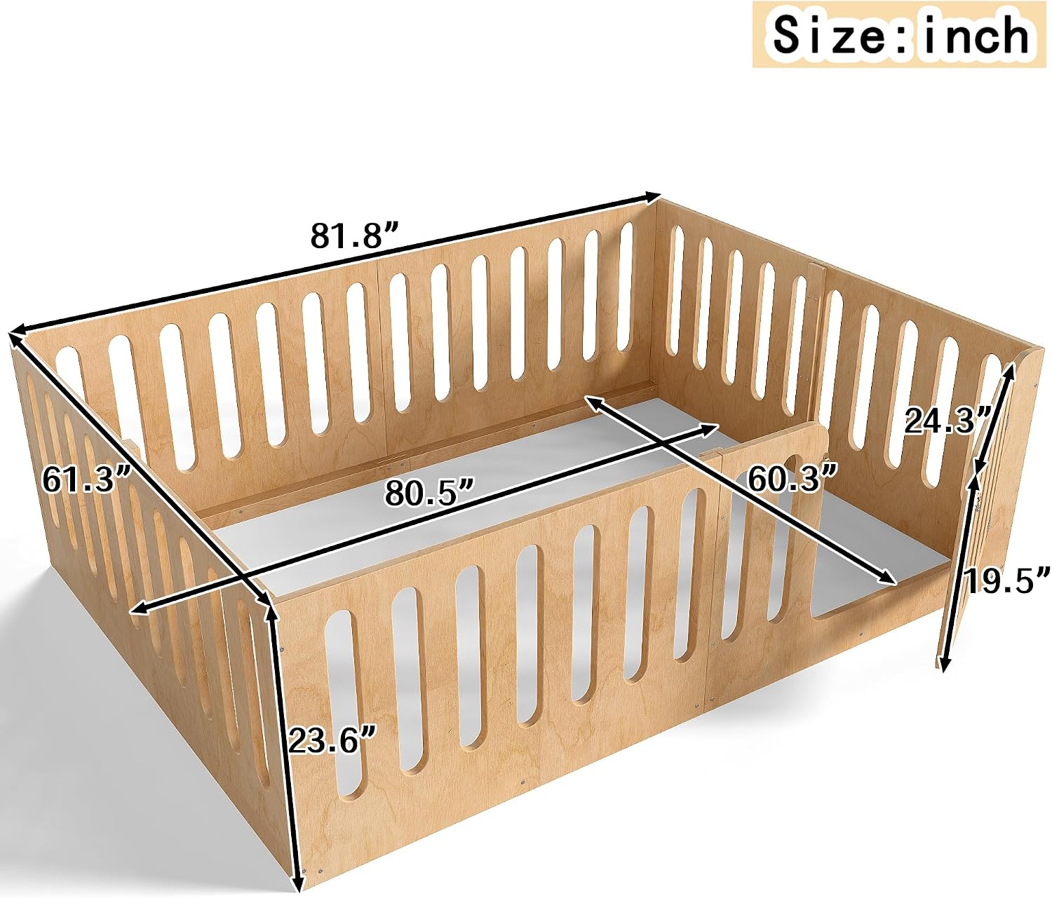 Bellemave Queen Size Kids Montessori Floor Bed,Queen Size Floor Bed Frame with High Fence and Door,Solid Wood Montessori Bed for Girls Boys,Natural
