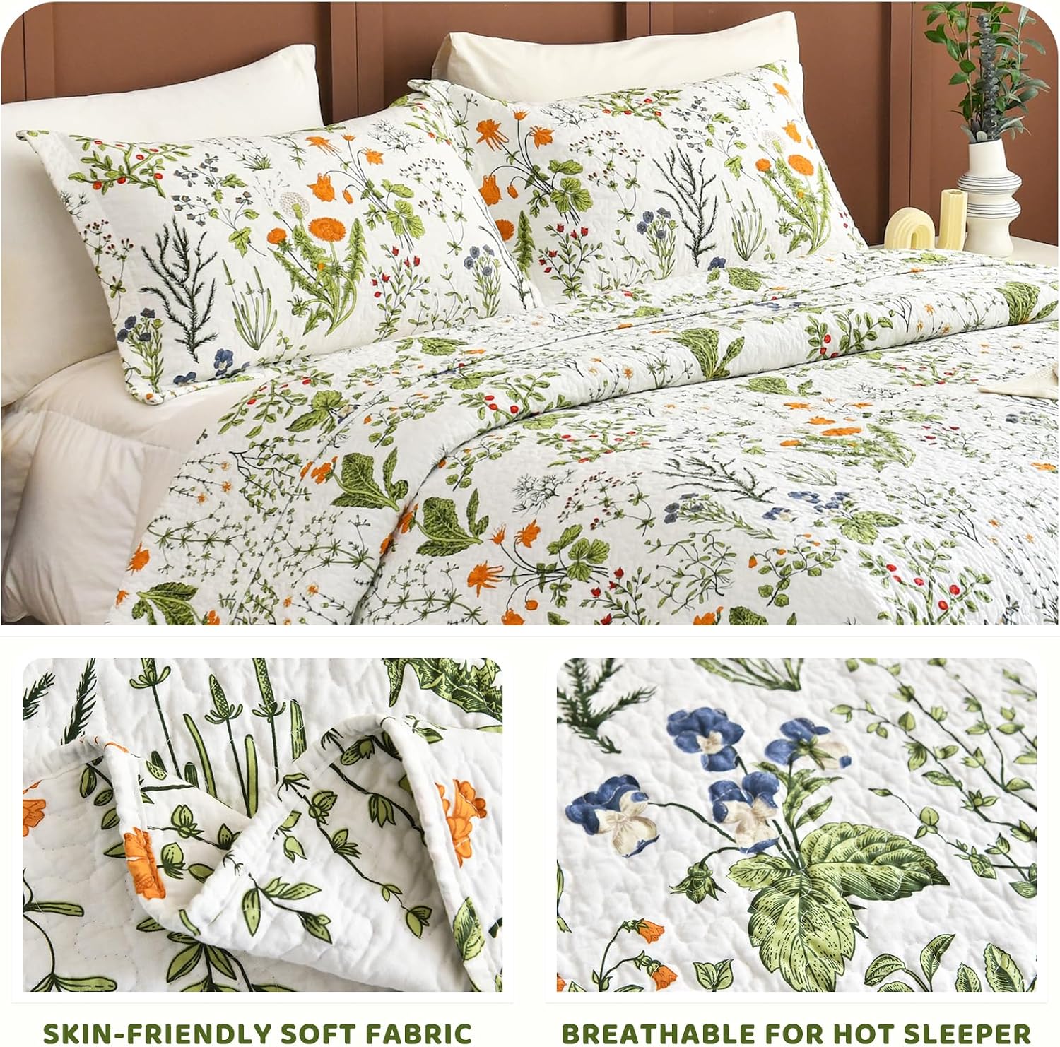 Sanracie California King Quilt Bedding Set(118'x106'), 100% Cotton Soft Breathable Green Floral Bedspread Sets 3Pcs Yellow Flowers Plant Pattern Botanical Printed Quilted Set for All Season