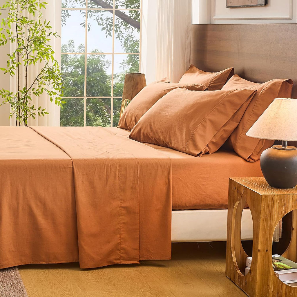 Bedlifes 100% French Linen Sheets King Size 18-24' Extra Deep Pocket 4-Piece Set Breathable & Moisture-Wicking,Soft & Durable Sheets for Thick Mattresses(Brown)