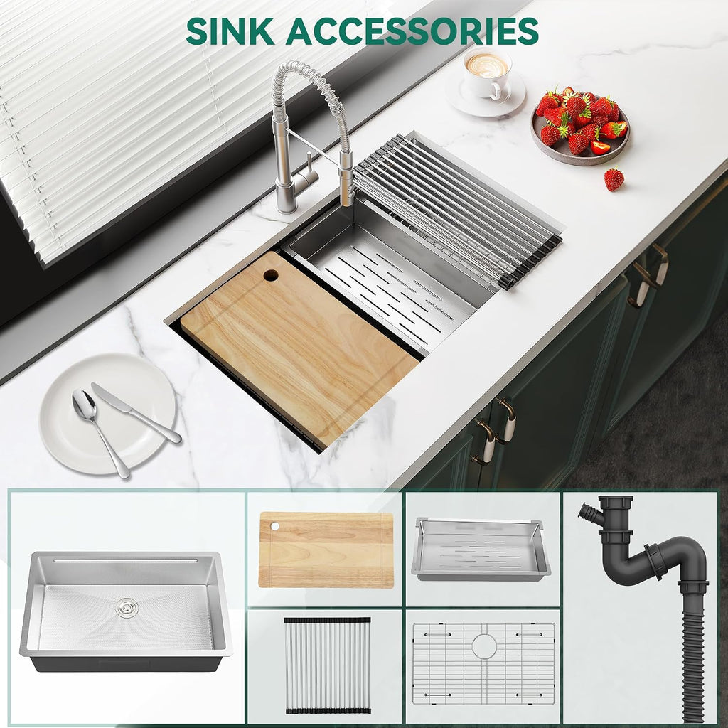 YITAHOME Kitchen Sink Undermount Workstation 32in, 304 Stainless Steel Single Bowl w/Ledge & Accessories, Honeycomb Surface Design, RV, Modern Bar Sink 32x19x10in, Silver