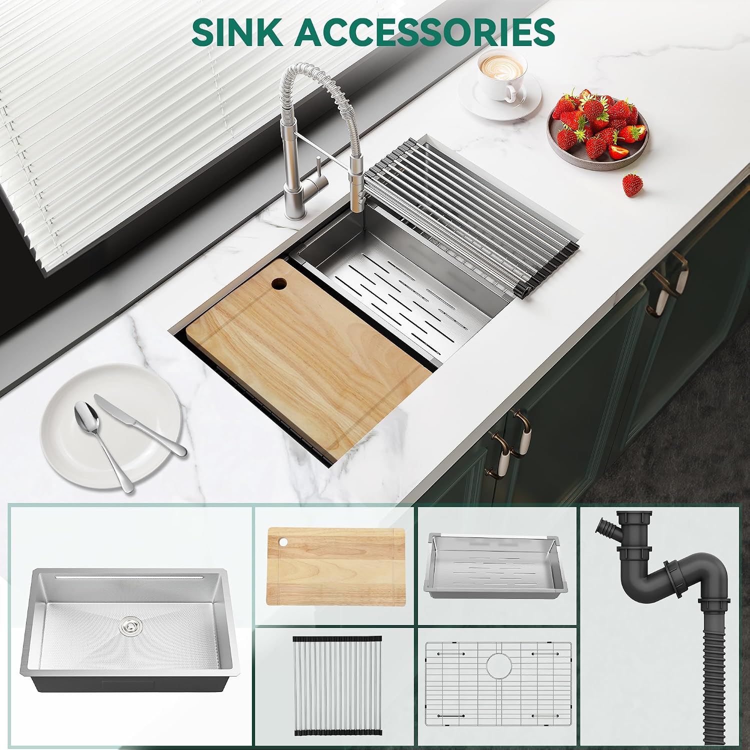 YITAHOME Kitchen Sink Undermount Workstation 32in, 304 Stainless Steel Single Bowl w/Ledge & Accessories, Honeycomb Surface Design, RV, Modern Bar Sink 32x19x10in, Silver
