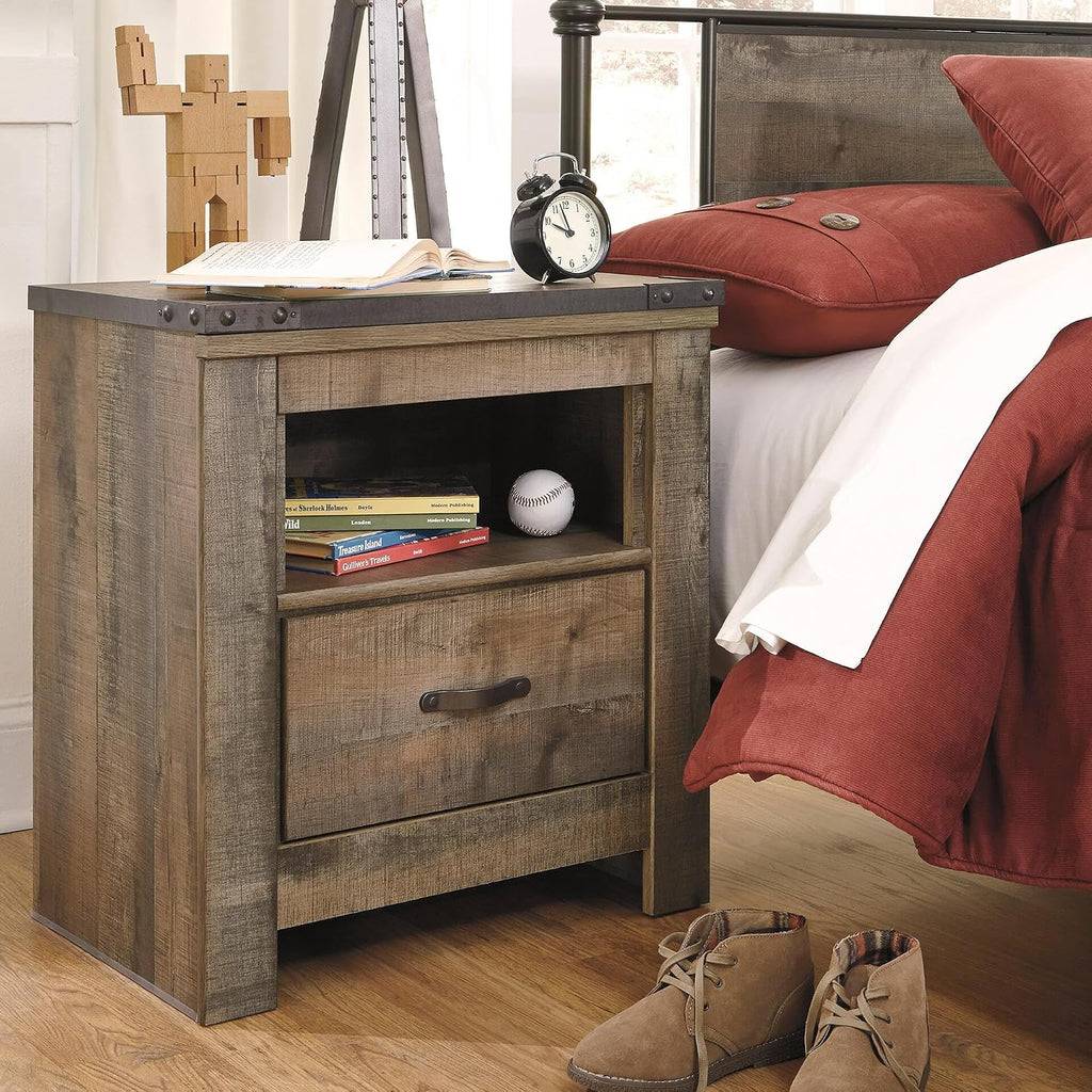 Signature Design by Ashley Trinell Rustic 1 Drawer Nightstand, USB Charing, Storage Cubby, Nailhead Accents, Wood, 24.72' W x 16.18' D x 26.22' H, Warm Brown