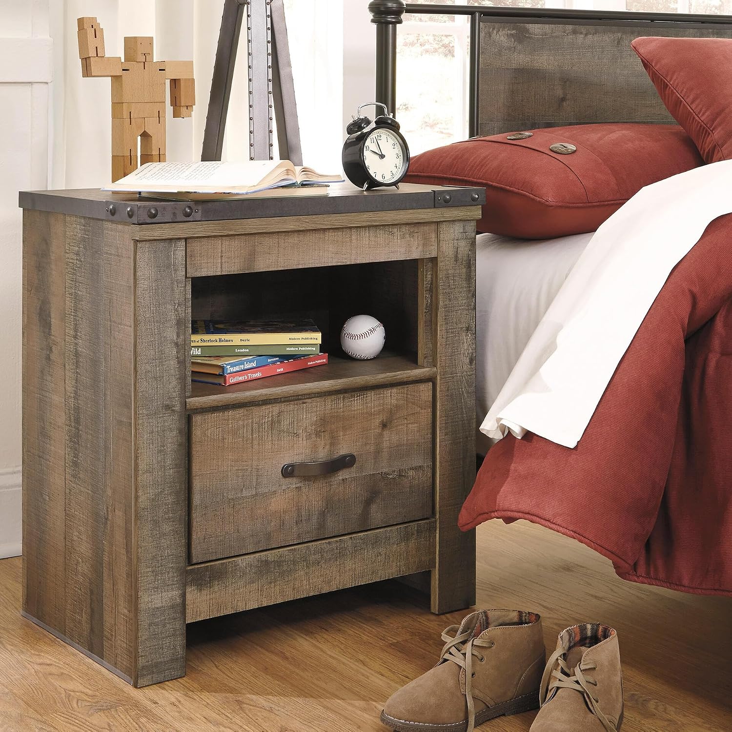 Signature Design by Ashley Trinell Rustic 1 Drawer Nightstand, USB Charing, Storage Cubby, Nailhead Accents, Wood, 24.72' W x 16.18' D x 26.22' H, Warm Brown