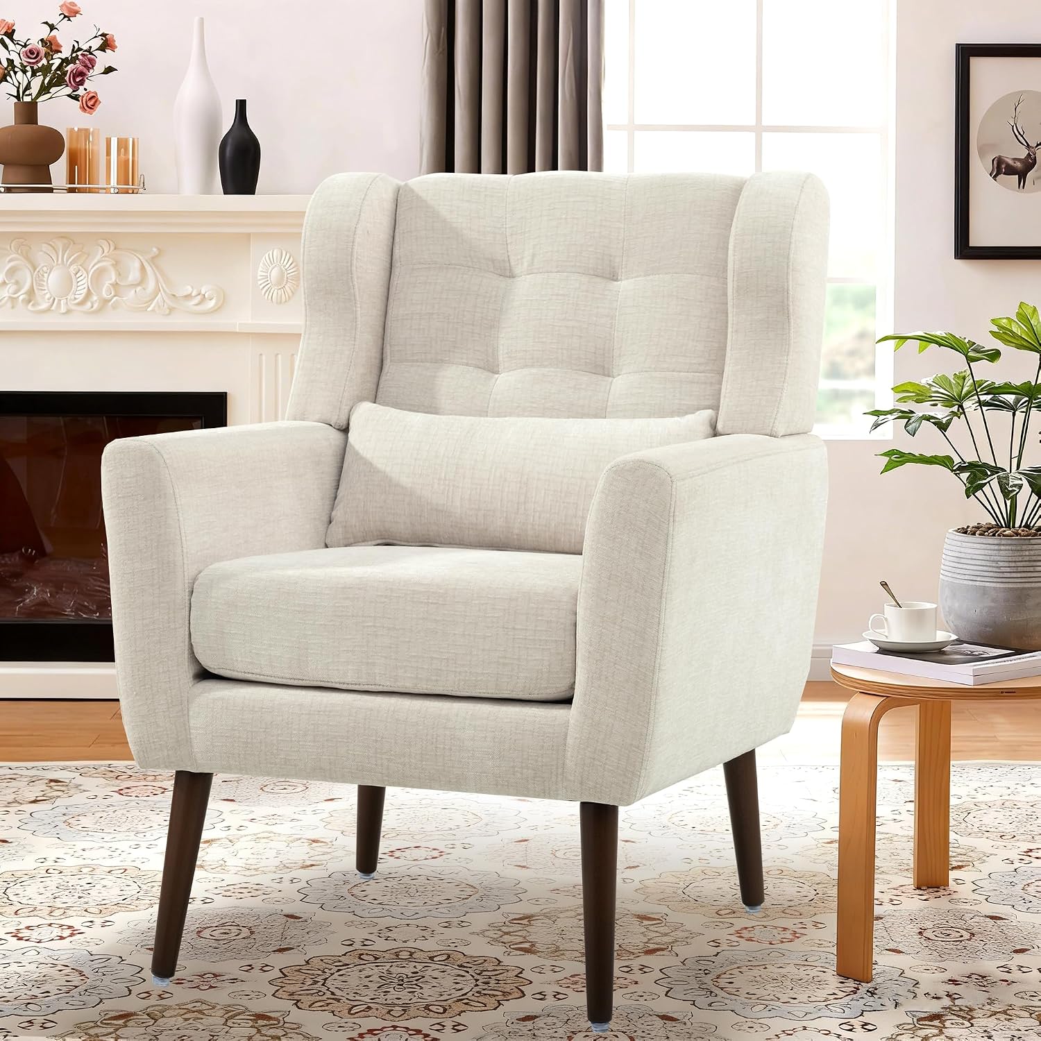 Modern Accent Chair, Upholstered Armchair with Pillow, Fabric Single Sofa Chair with Lounge Seat and Wood Legs Accent Chair for Living Room Bedroom Small Spaces (Beige, Set of 1)