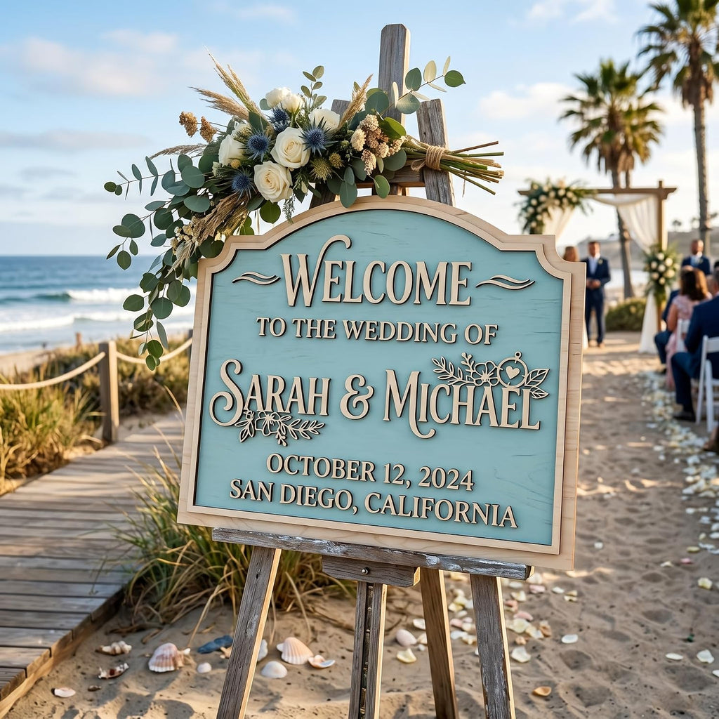 Personalized Wedding Welcome Sign, Custom 3D Wood Entrance Signage for Reception & Ceremony, Rustic Boho Barn Beach Themes, Wooden Name & Date Board Decor (16 Custom Designs)