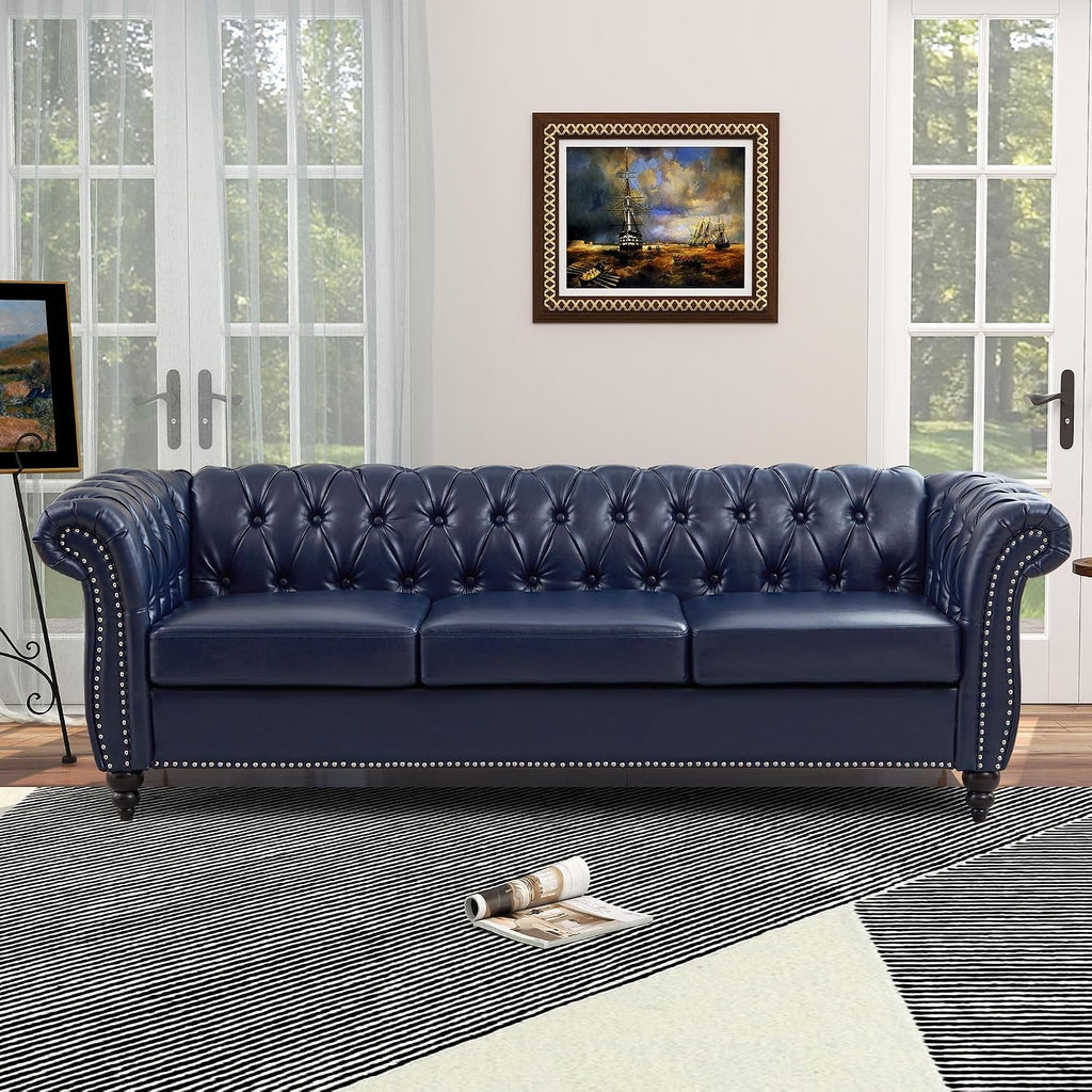 QHITTY Accent Large Sofa, Chesterfield Couch 3 Seater Modern Leather Couch Upholstered Sofa with Tufted Back for Living Room Furniture (Blue)
