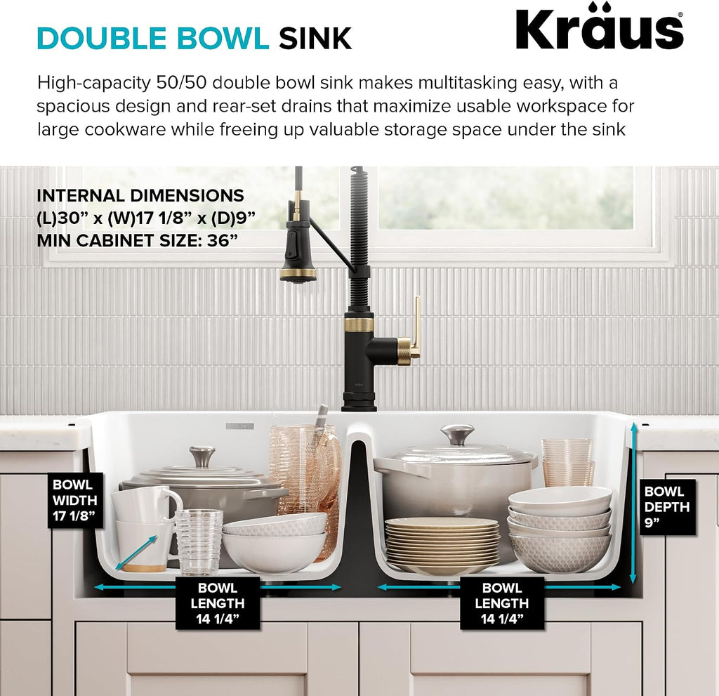 KRAUS Forteza 33-inch Granite Drop In/Undermount 50/50 Double Bowl White Kitchen Sink, KGD-52WHITE