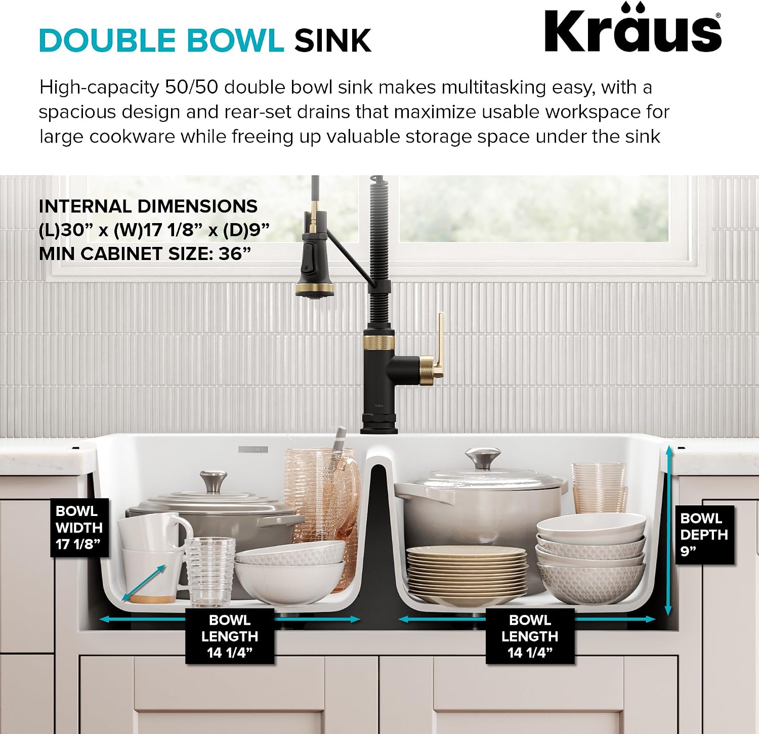 KRAUS Forteza 33-inch Granite Drop In/Undermount 50/50 Double Bowl White Kitchen Sink, KGD-52WHITE