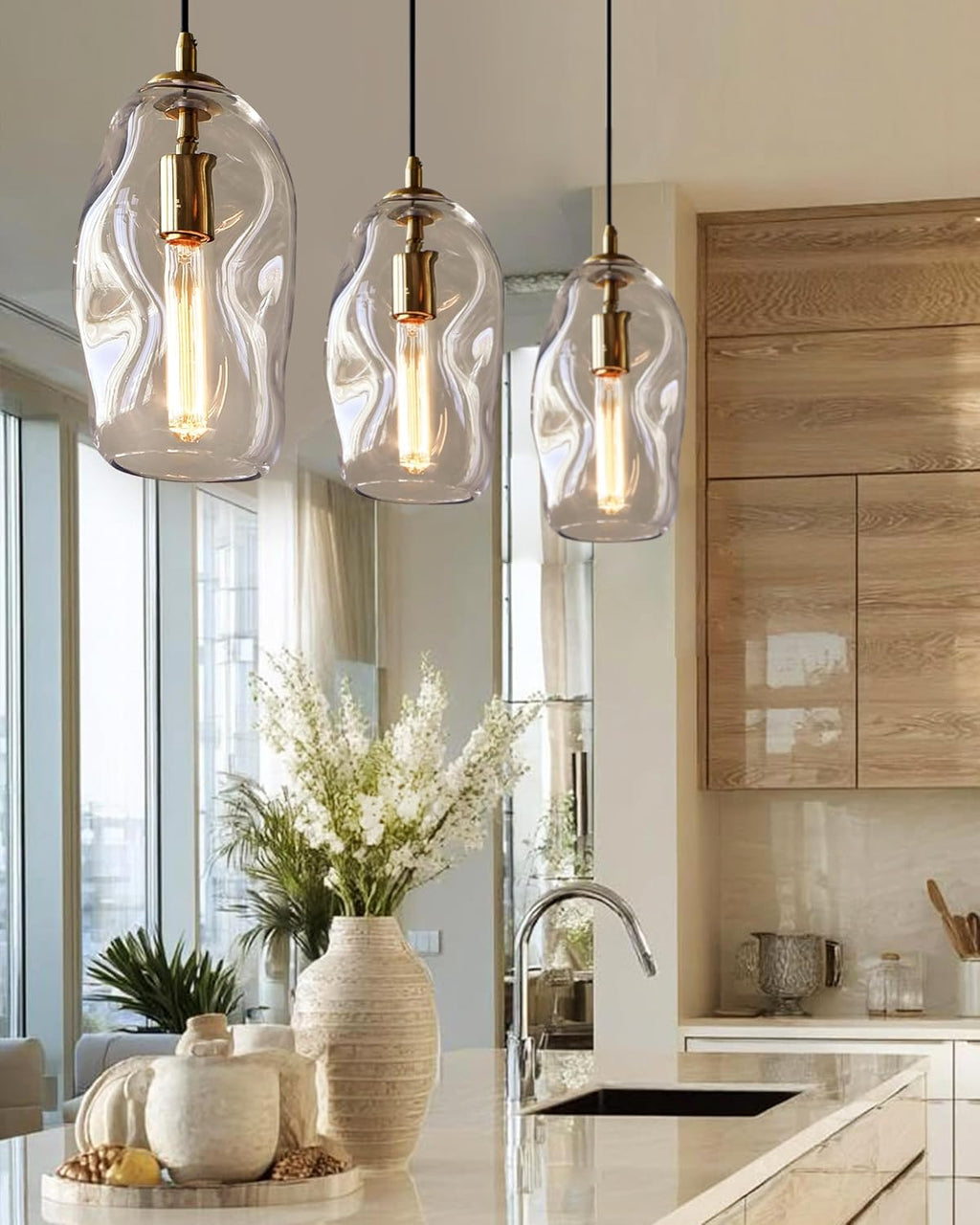 CASAMOTION Modern Pendant Lights Kitchen Island Large Gold Hanging Light Fixtures for Dining Table Blown Art Glass Clear Organic Globe Bedroom Foyer Entryway Hallway Lamp 12 Inch 1 Pack