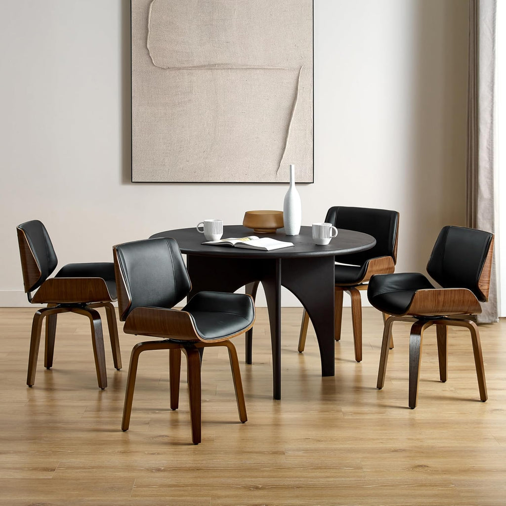 Zouron 360° Swivel Dining Chairs, Mid Century Modern Retro Faux Leather Chair with Walnut Bentwood Legs, Kitchen Dining Room Chairs with Upholstered Seat, (Set of 4, Black)