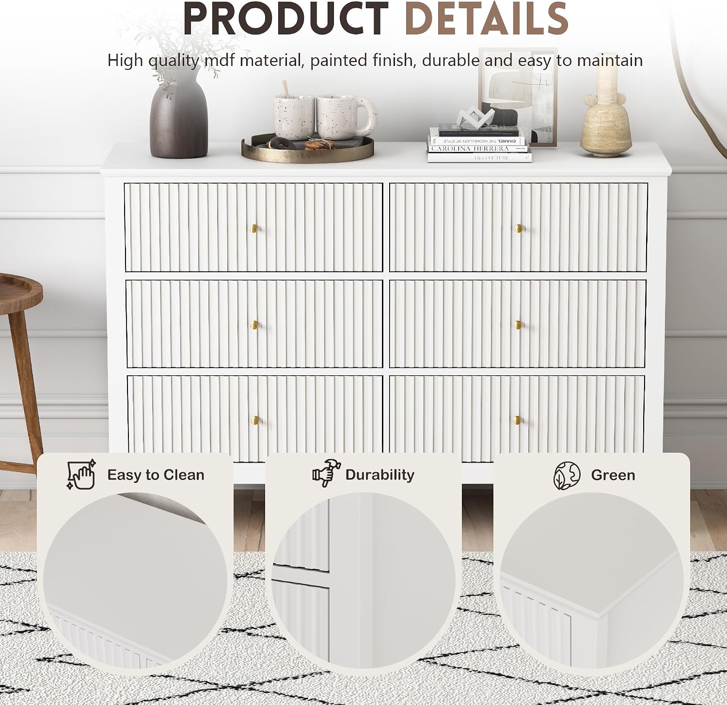 White Dresser for Bedroom, 6 Drawers Fluted Chest of Drawers with Storage, Modern 47'' Wide Dresser with Paint Design, Wood Drawer Organizer Dressers for Entryway, Hallway