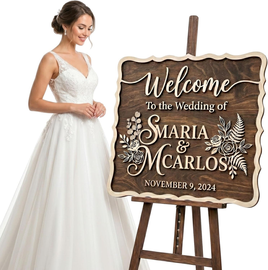 Personalized Wedding Welcome Sign, Custom 3D Wood Entrance Signage for Reception & Ceremony, Rustic Boho Barn Beach Themes, Wooden Name & Date Board Decor (16 Custom Designs)