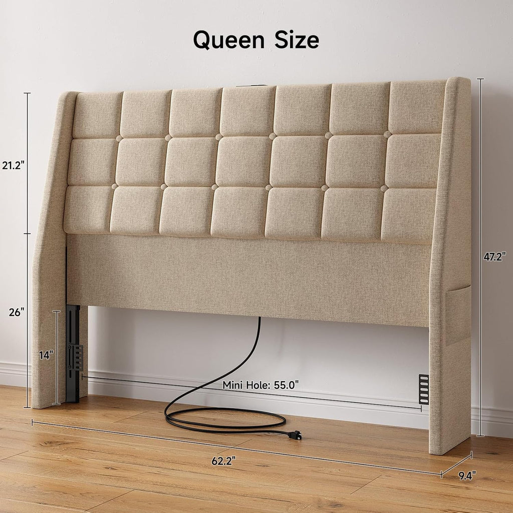 Ergonomic Upholstered Headboard Queen Size w/Charging Station, Linen Wingback Headboards w/Storage Pocket, Queen Headboard Only, Bed Frame Adapters, Sturdy Stable Solid Wood Bed Head Board, Beige