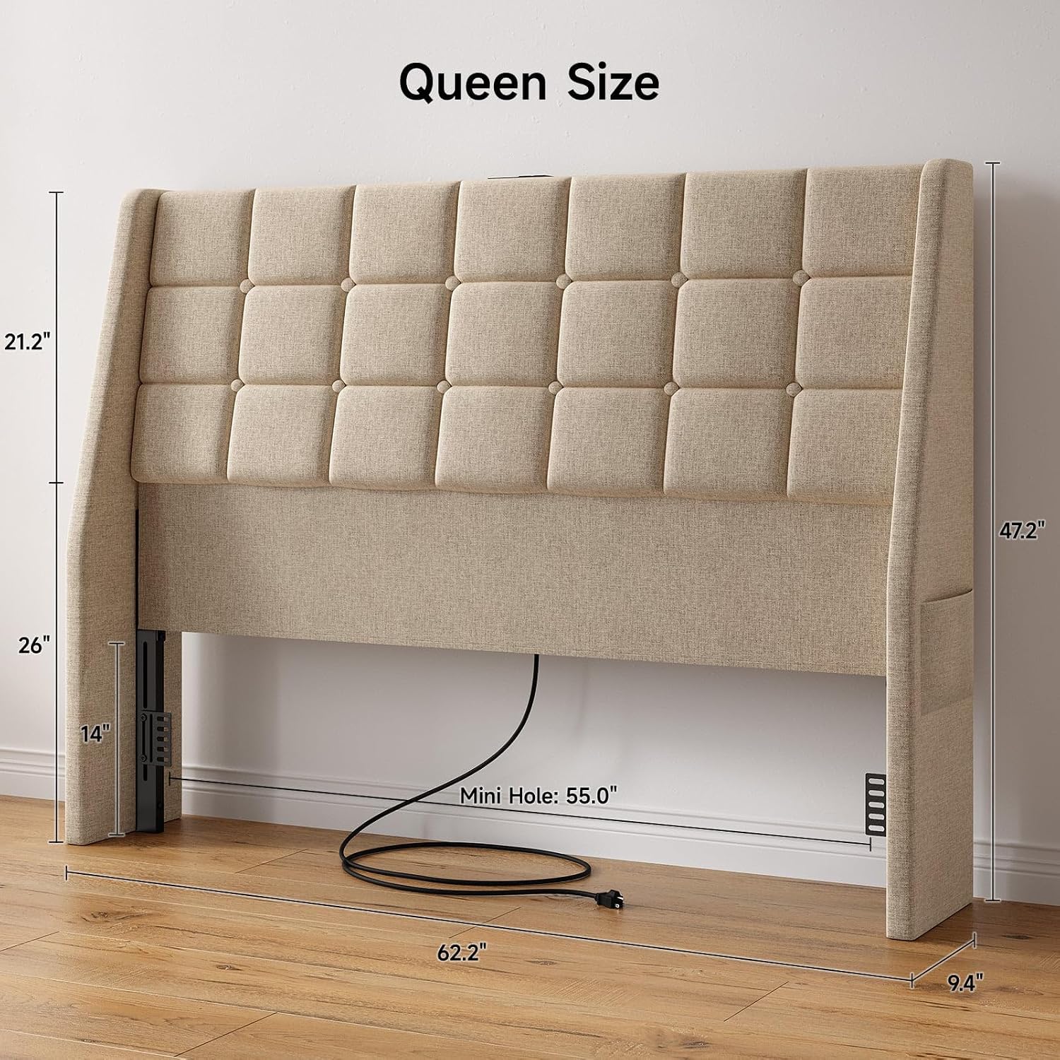 Ergonomic Upholstered Headboard Queen Size w/Charging Station, Linen Wingback Headboards w/Storage Pocket, Queen Headboard Only, Bed Frame Adapters, Sturdy Stable Solid Wood Bed Head Board, Beige