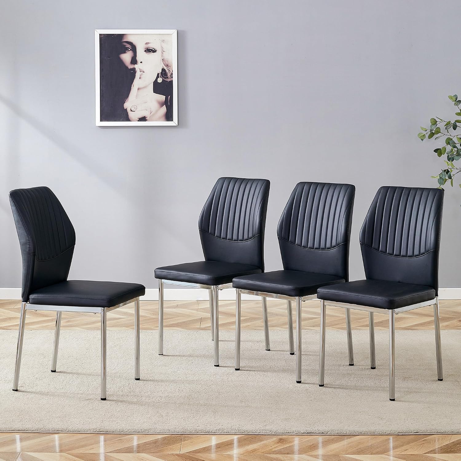 Dining Room Chairs Set of 4,Comfortable,Fashionable Soft Padded Kitchen Chairs High Backrests Metal Legs. Suitable for Living Room and Bedroom (Black+Silver Leg Set of 4)
