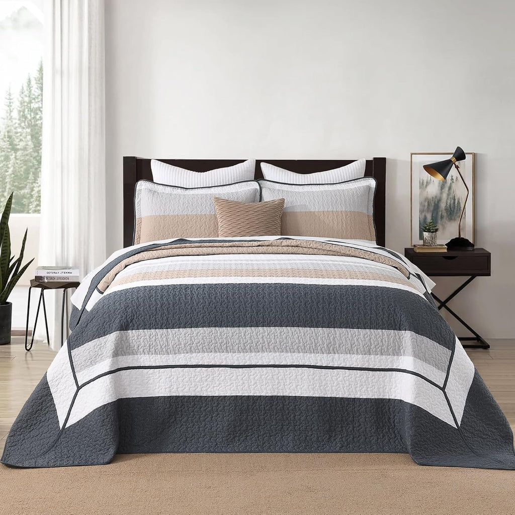 DDUOXIN Oversized King Bedspread 120' W x120 L - 100% Cotton Quilt with 2 Pillow Shams, Simple Striped Design Lightweight Durable Bedding, Perfect for Modern Bedrooms, Brown/Blue/Gray/White