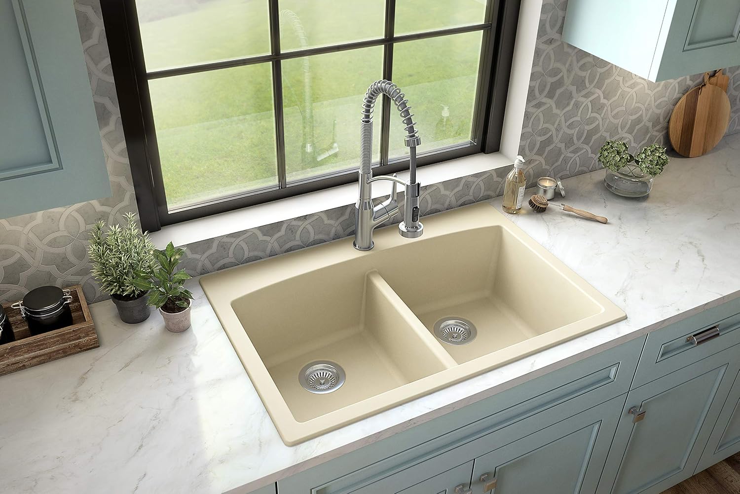 Karran QT-710 33 Inch Top Mount Double Bowl Kitchen Sink, 50/50 Low Divide Quartz Composite Drop-In Sink, Rear Drain, Heat and Scratch Resistant, Bisque