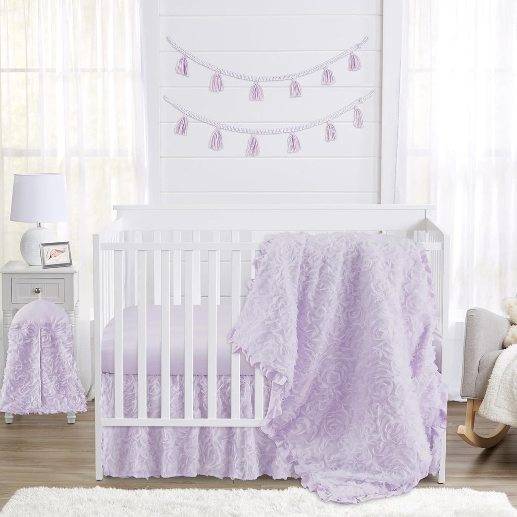 Sweet Jojo Designs 4-Piece Baby Crib Bedding Set (Purple Lavendar Floral Rose) for Girls, Infants/Nursery incl. Blanket, Fitted Sheet, Skirt, Diaper Stacker (Elegant, Princess, Luxury, Ruffle Roses)