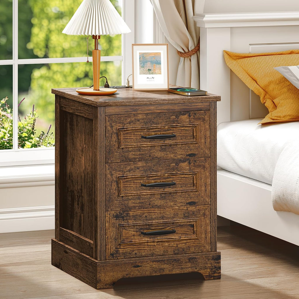 Farmhouse Nightstand with Charging Station- Wood Night Stand Set 2, 3 Drawer Nightstands Set of 2, Bedside Table with Storage, Rustic Night Stands for Bedroom, Closet, 18' Wide, 24' Tall