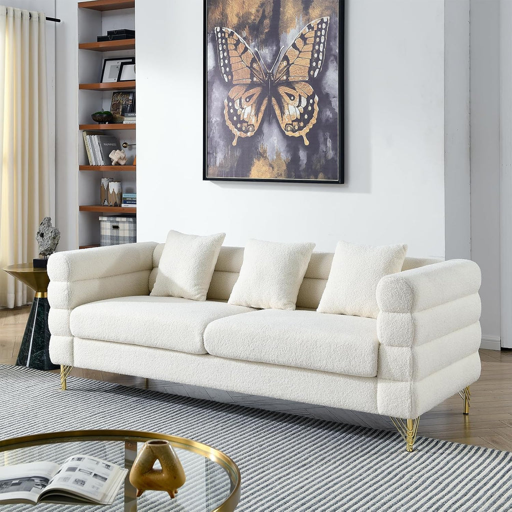 Chesterfield Velvet Button Tufted Sofa, 81'&60' Boucle Comfy Cloud Couch Upholstered Deep 5 Seater Sectional Sherpa Couch Set for Living Room Home Office Bedroom Apartment, White