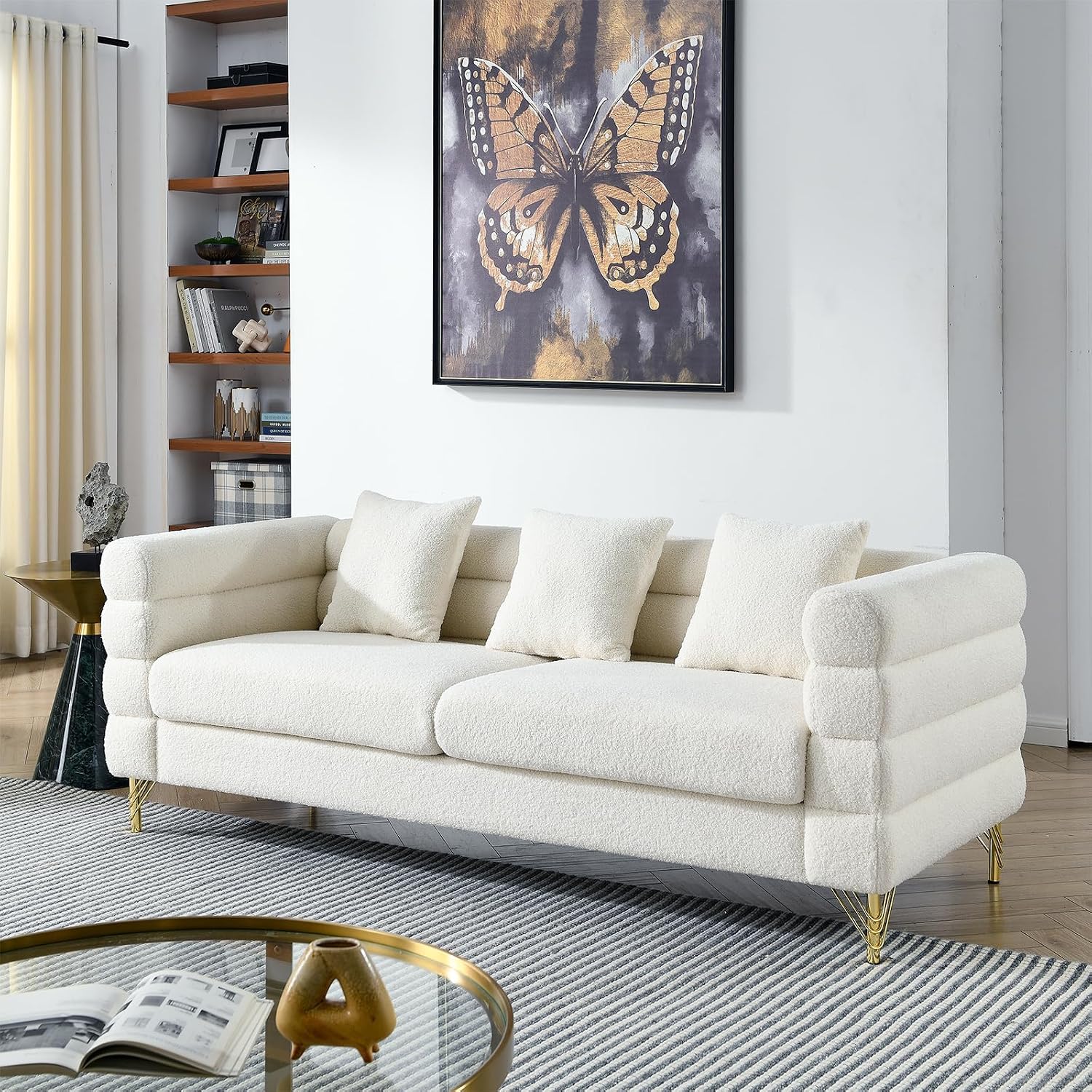Chesterfield Velvet Button Tufted Sofa, 81'&60' Boucle Comfy Cloud Couch Upholstered Deep 5 Seater Sectional Sherpa Couch Set for Living Room Home Office Bedroom Apartment, White