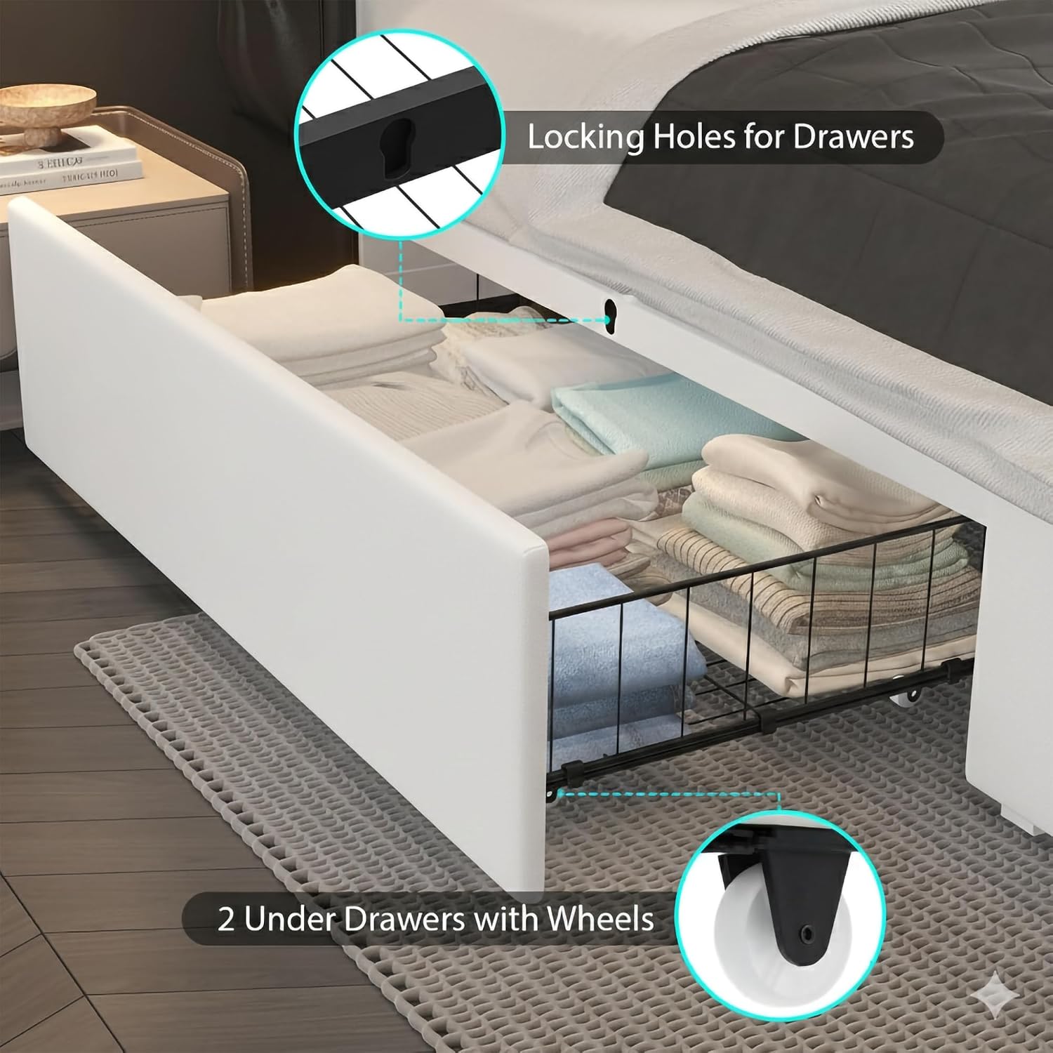 Queen Bed Frame with Storage Drawers and LED Lights/Charging Station, Modern Diamond Upholstered Platform Bed with Wingback Headboard, Wooden Slats Support, No Box Spring Needed (White, Queen)