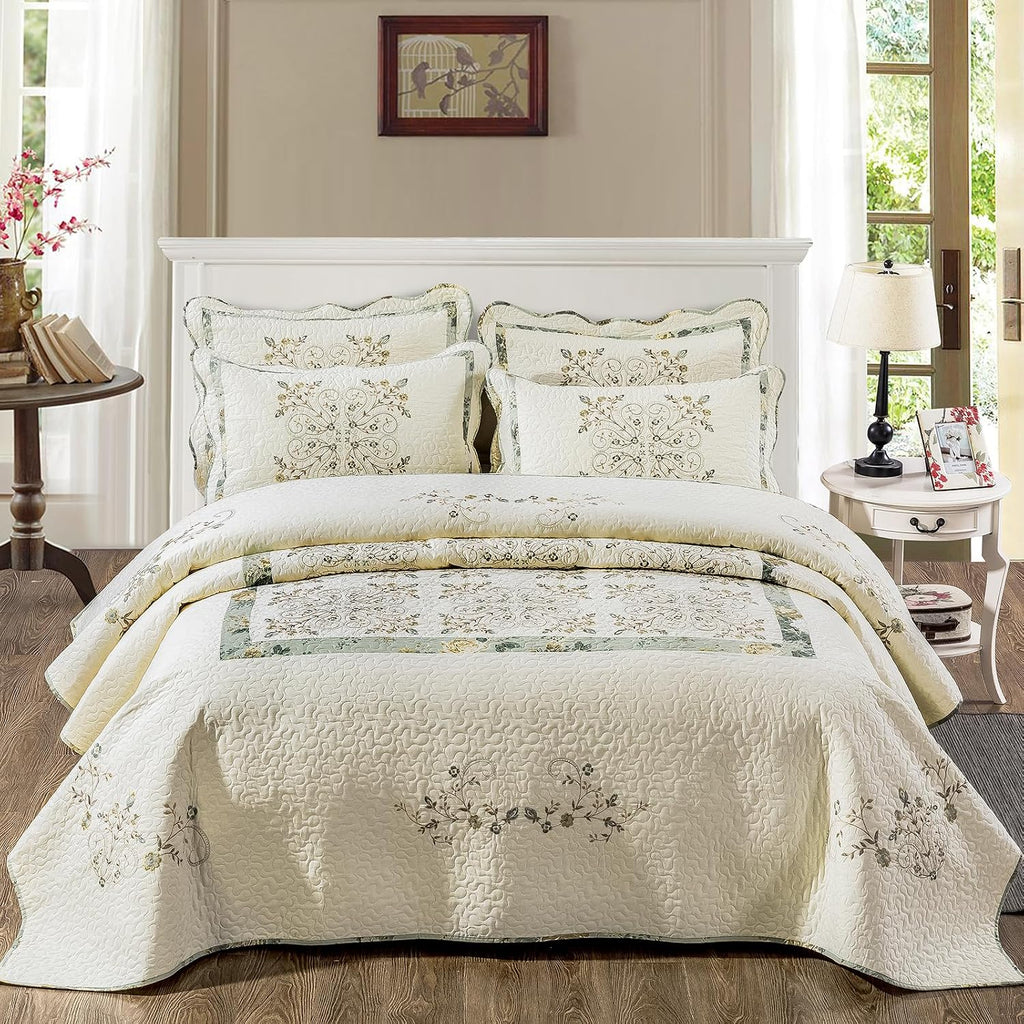 ROOMLIFE Quilt Set King Size 3D Floral Embroidery Pattern 1XQuilt (106' X 98') + 2 PillowShams (20' X 28 ') Cotton Reversible Quilted Decorative Bedspreads Coverlet Bedding Set, Lightweight &Soft