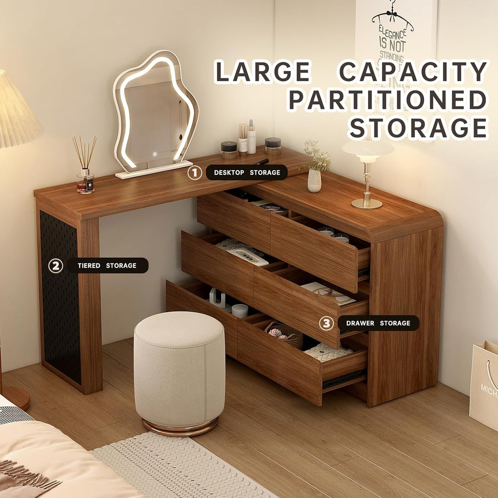 Messenya Makeup Vanity Desk with Cloud Shape Touch Screen Mirror, 50-94 in Adjustable Vanity Table Set, Bedroom Elegant Dressing Table for Women with 6 Drawer Rounded Corners Storage Cabinet, Brown