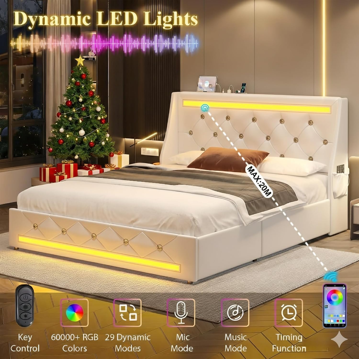 Queen Bed Frame with Storage Drawers and LED Lights/Charging Station, Modern Diamond Upholstered Platform Bed with Wingback Headboard, Wooden Slats Support, No Box Spring Needed (White, Queen)