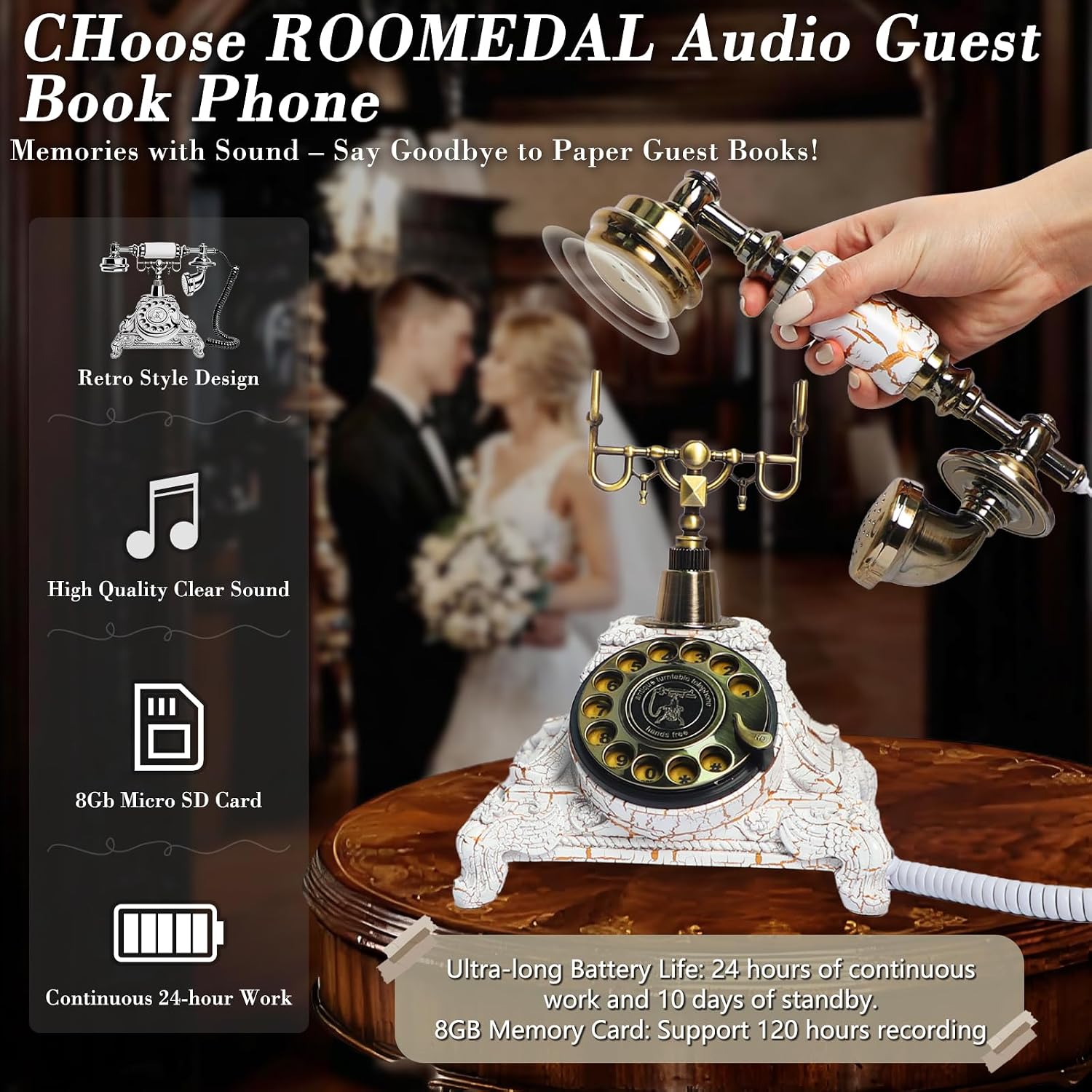 Audio Guest Book Wedding Phone, Vintage Audio GuestBook, Record Guest Messages for Weddings & Special Events, Customized Audio Keepsake for Memorable Occasions (Retro White)