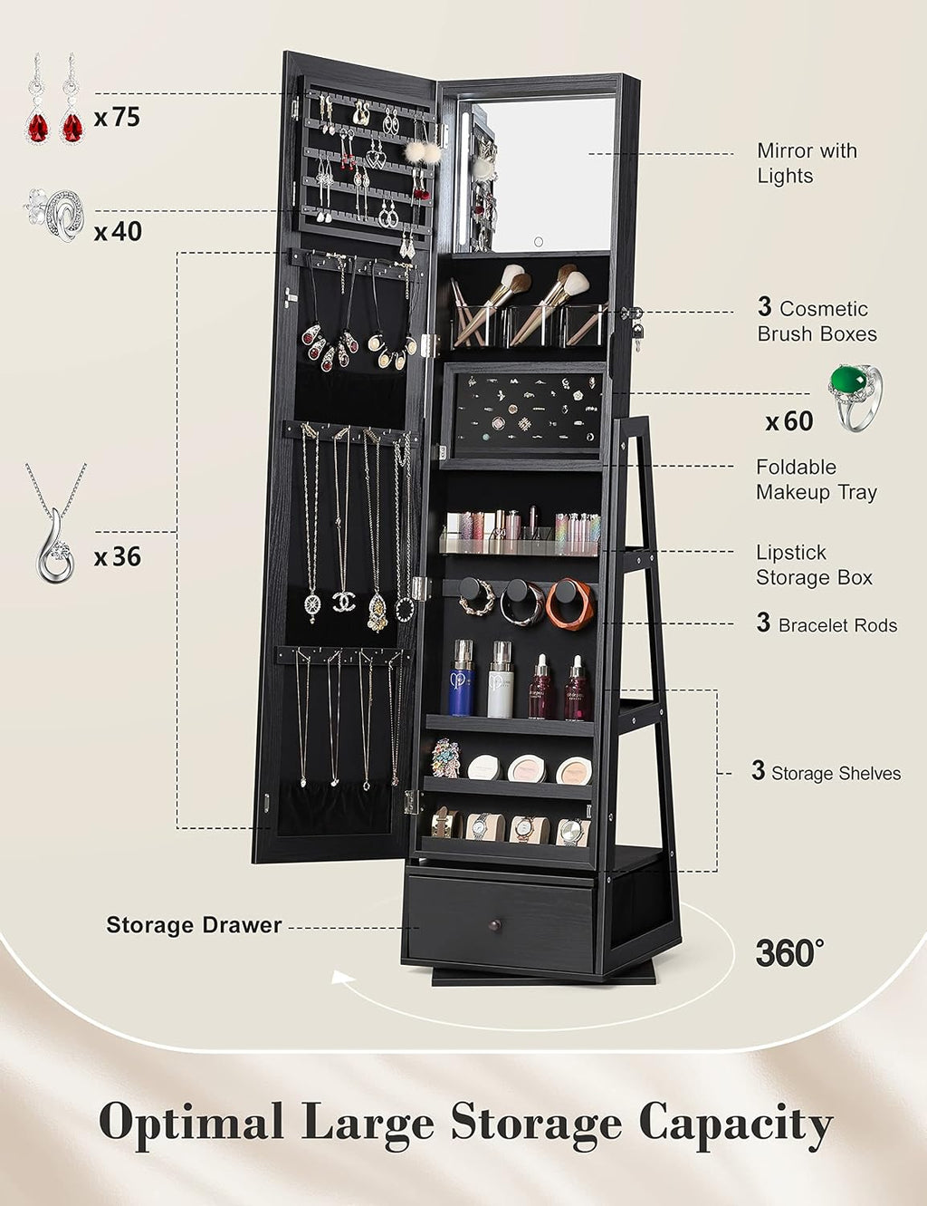 Nicetree 360° Swivel Jewelry Cabinet with Lights, Touch Screen Vanity Mirror, Rotatable Full Length Mirror with Jewelry Storage, Standing Jewelry Armoire Organizer, Foldable Makeup Shelf, Black