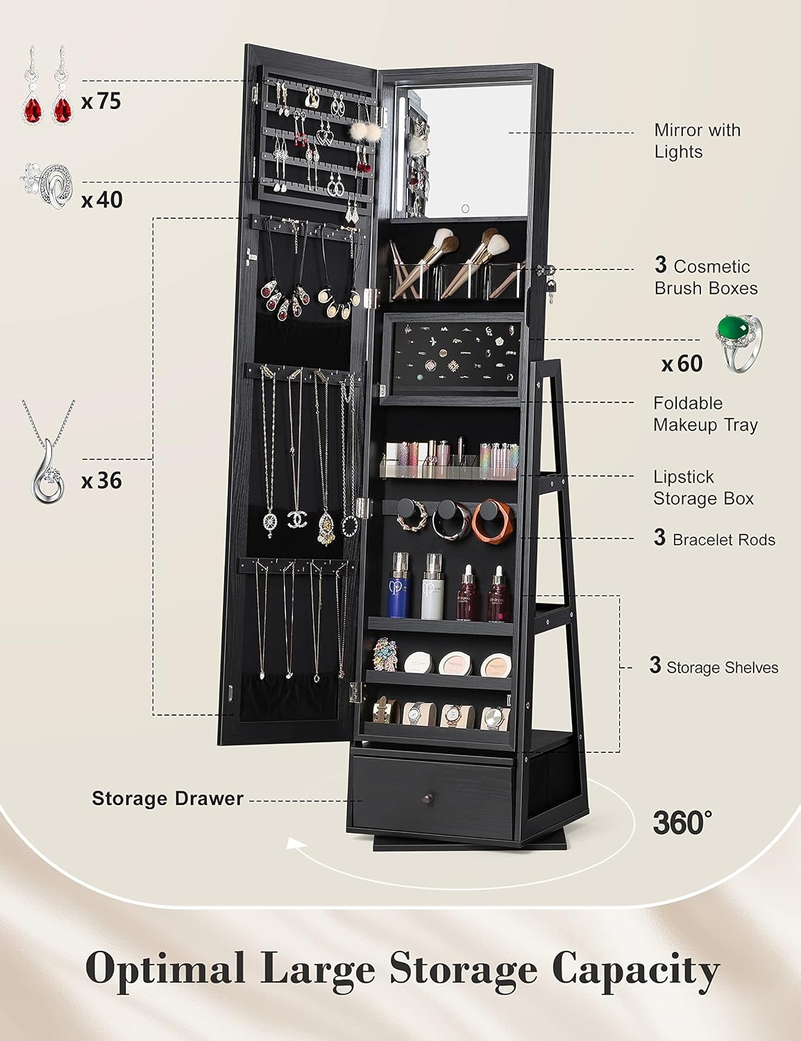 Nicetree 360° Swivel Jewelry Cabinet with Lights, Touch Screen Vanity Mirror, Rotatable Full Length Mirror with Jewelry Storage, Standing Jewelry Armoire Organizer, Foldable Makeup Shelf, Black