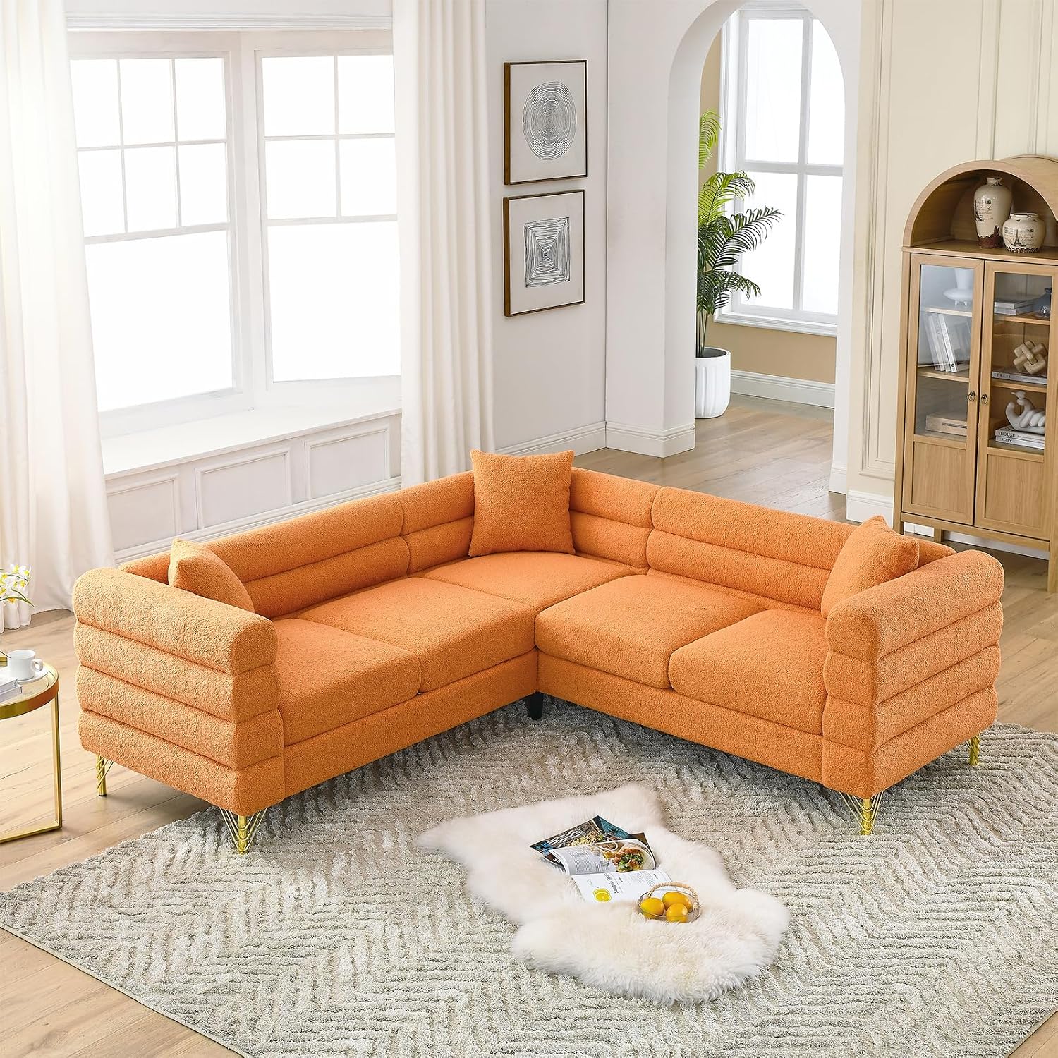 L-Shaped Sectional Couch, 81.5' Oversized Corner Sofa Teddy Boucle Comfy Cloud Modern Upholstered Deep Seat Set with Stylish Metal Legs for Living Room Home Office,Apartment, Orange