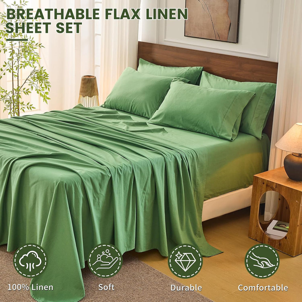 Bedlifes 100% French Flax Linen Sheets Set King Size - 6 Piece Extra Deep Pocket 18-24',Soft Breathable King Bed Sheets with Temperature Regulating & Moisture-Wicking(Sage Green